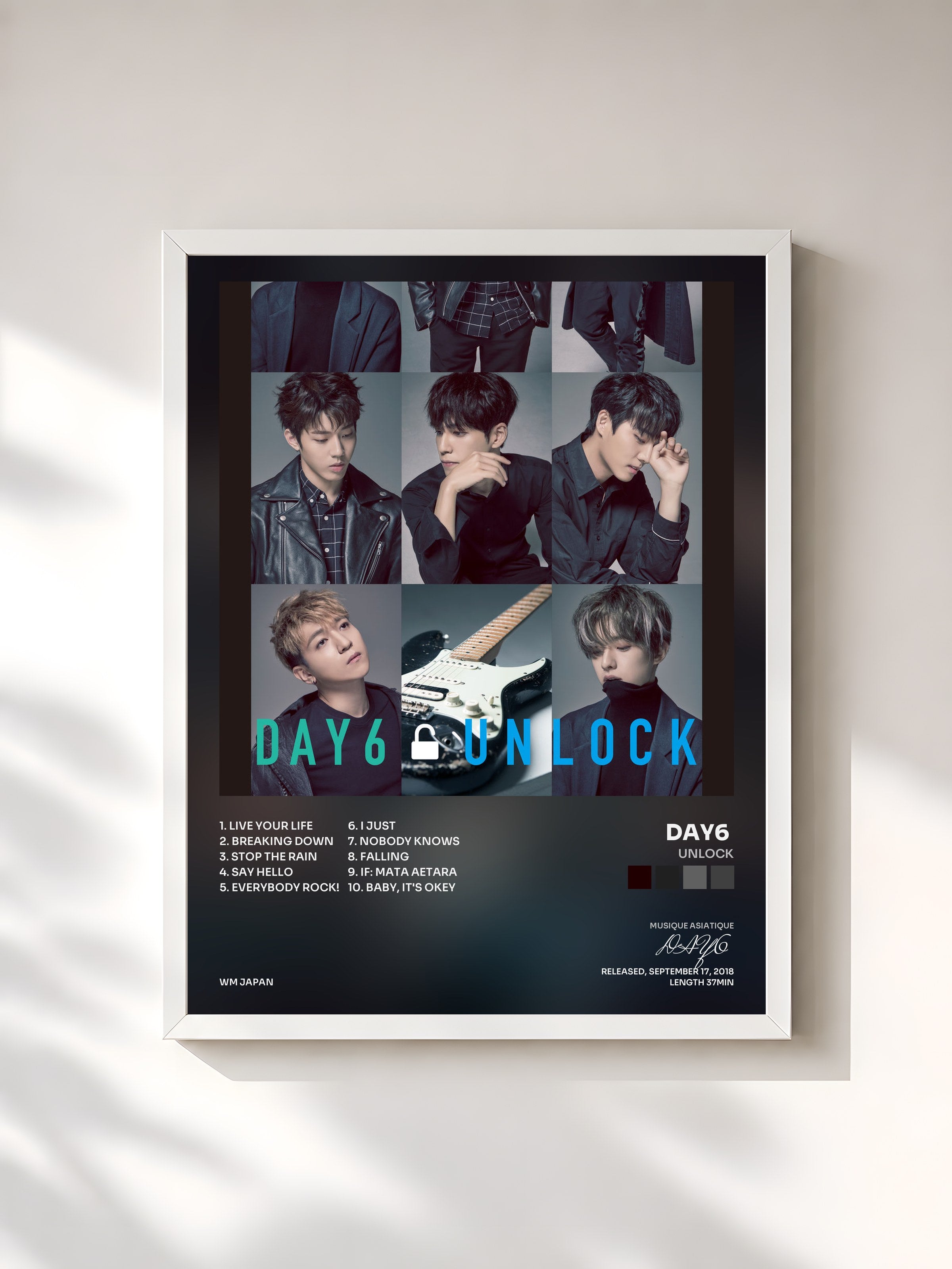 #blanc Tableau de l'album UNLOCK de DAY6 , cadre blanc, imprimé et encadré en France