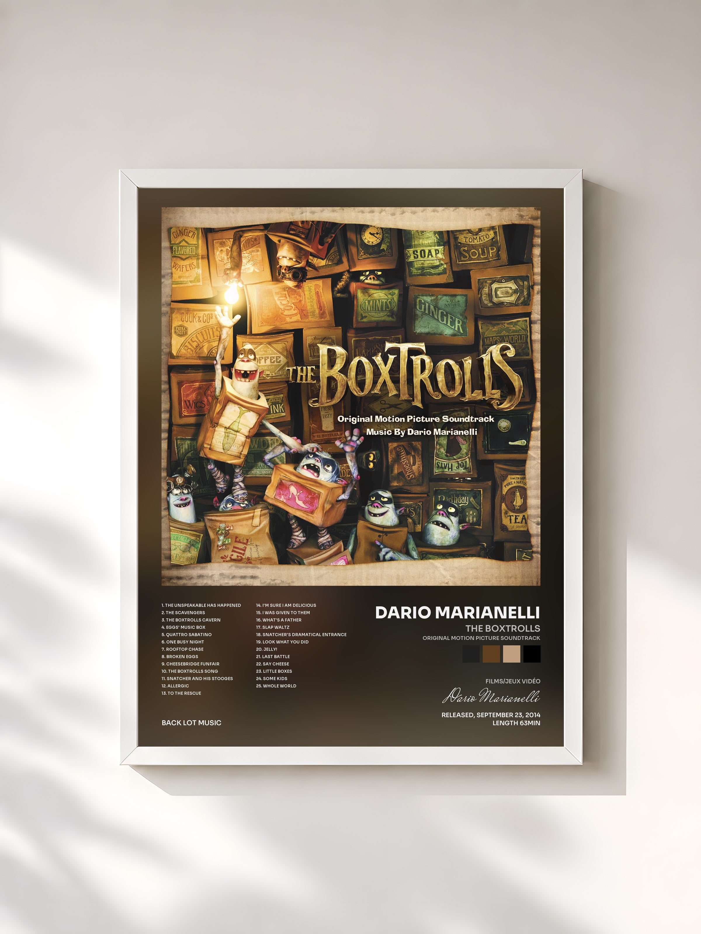 #blanc Tableau de l'album The Boxtrolls (Original Motion Picture Soundtrack) de Dario Marianelli, cadre blanc, imprimé et encadré en France