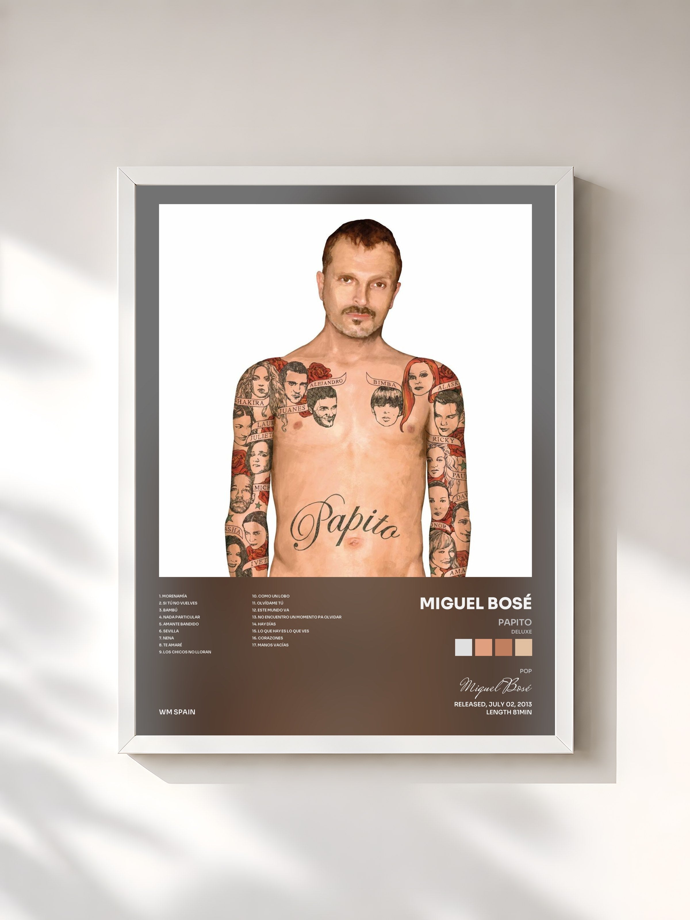 #blanc Tableau de l'album Papito (Deluxe) de Miguel Bosé, cadre blanc, imprimé et encadré en France