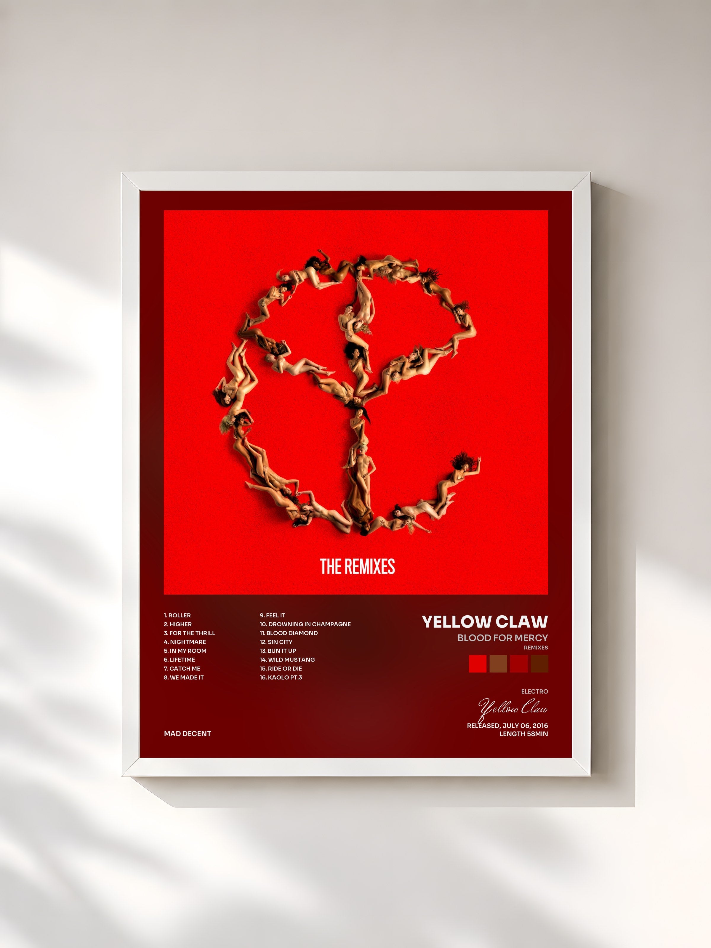 #blanc Tableau de l'album Blood For Mercy (Remixes) de Yellow Claw, cadre blanc, imprimé et encadré en France
