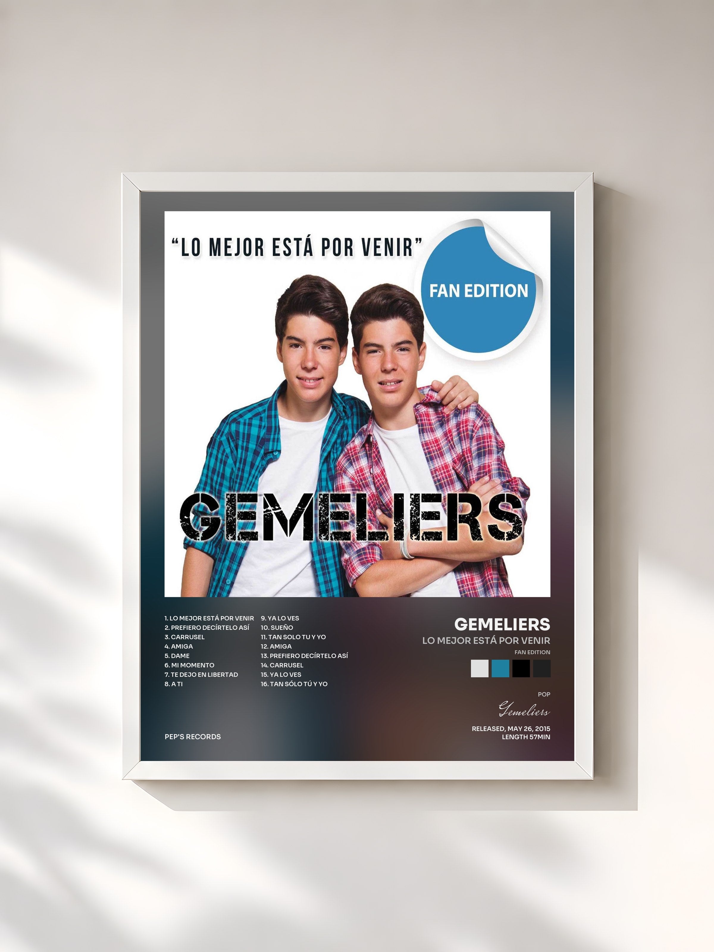 #blanc Tableau de l'album Lo Mejor Está por Venir (Fan Edition) de Gemeliers, cadre blanc, imprimé et encadré en France