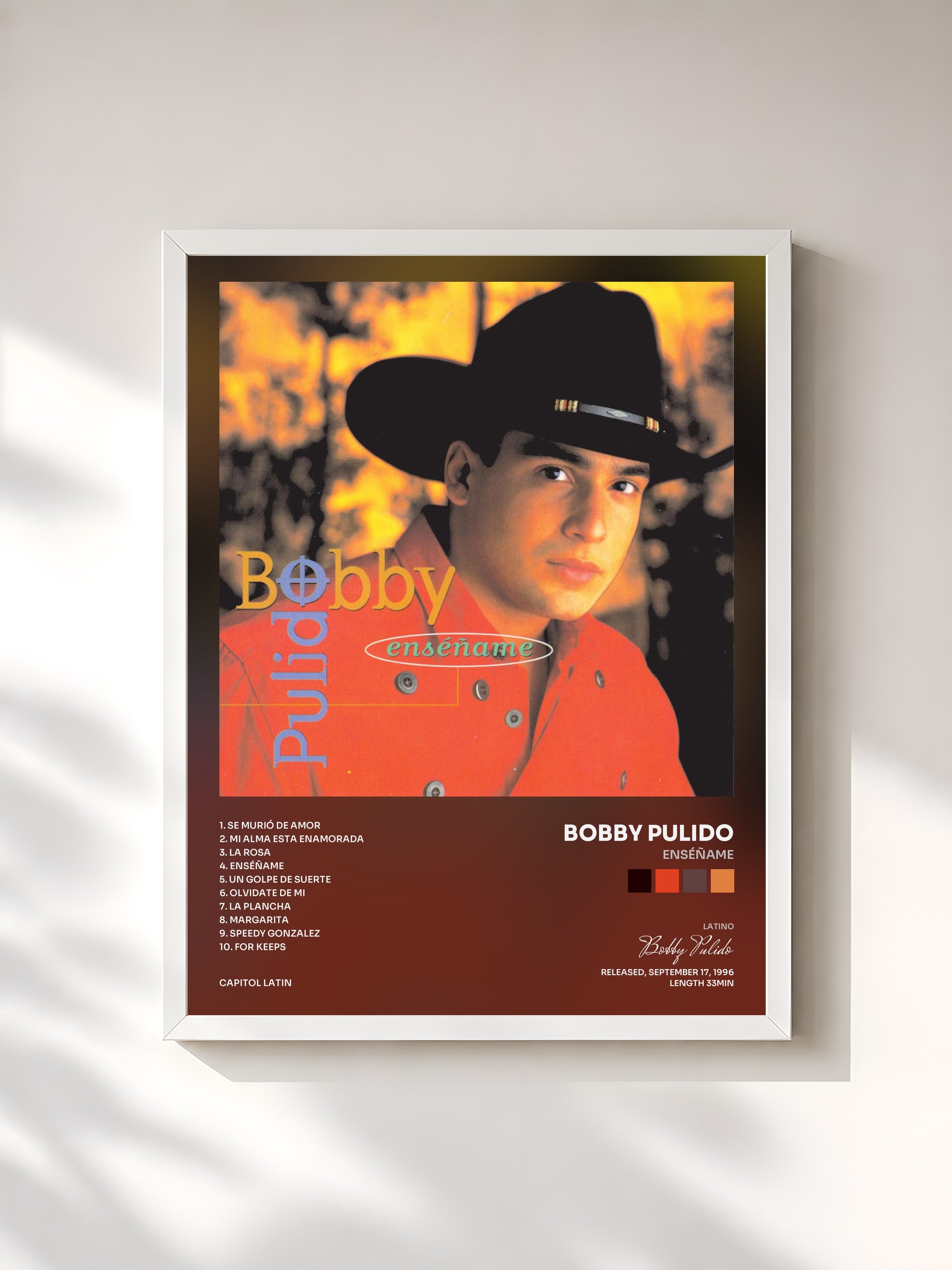 #blanc Tableau de l'album Enséñame de Bobby Pulido, cadre blanc, imprimé et encadré en France