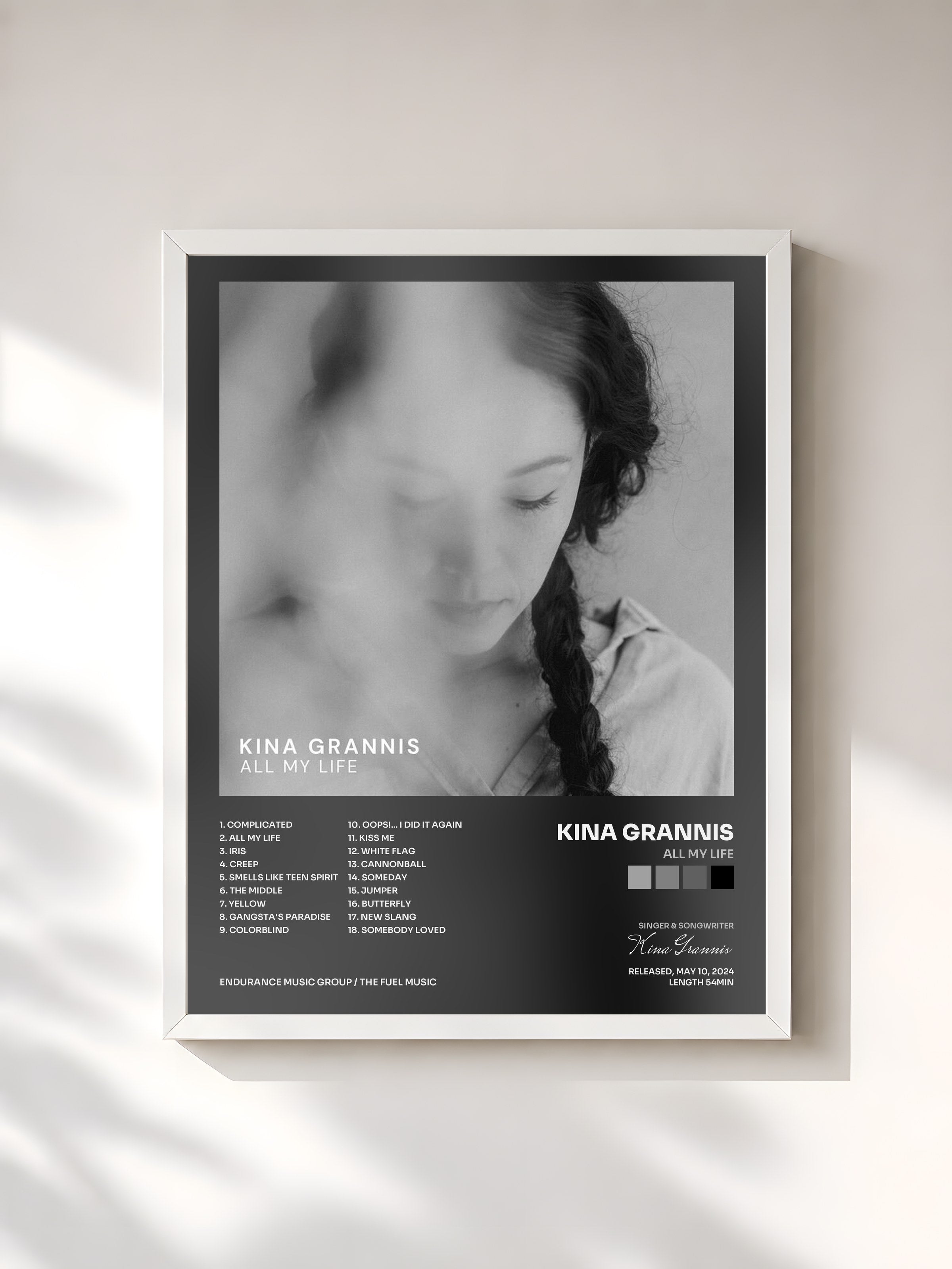 #blanc Tableau de l'album All My Life de Kina Grannis, cadre blanc, imprimé et encadré en France