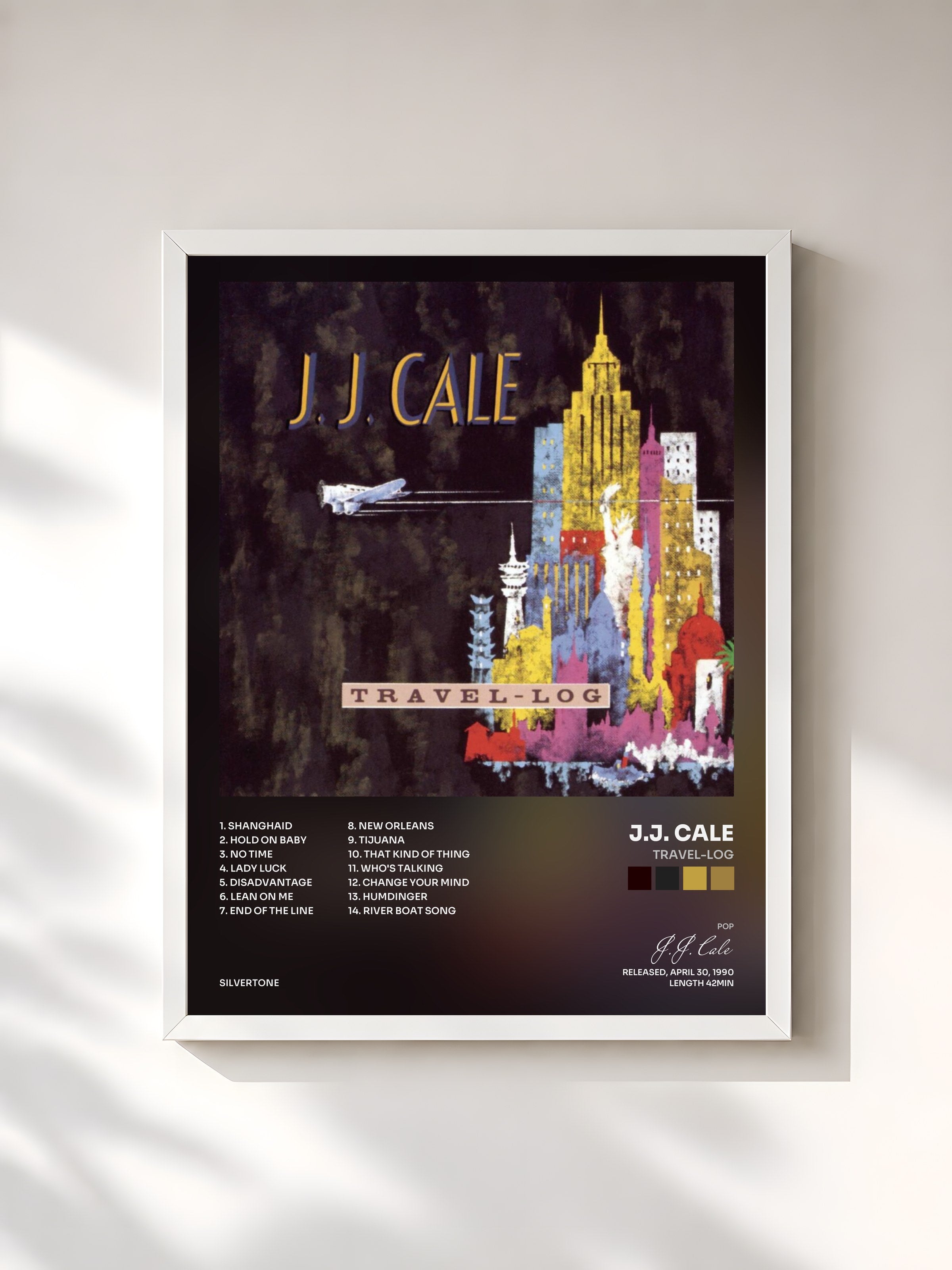 #blanc Tableau de l'album Travel-Log de J.J. Cale, cadre blanc, imprimé et encadré en France