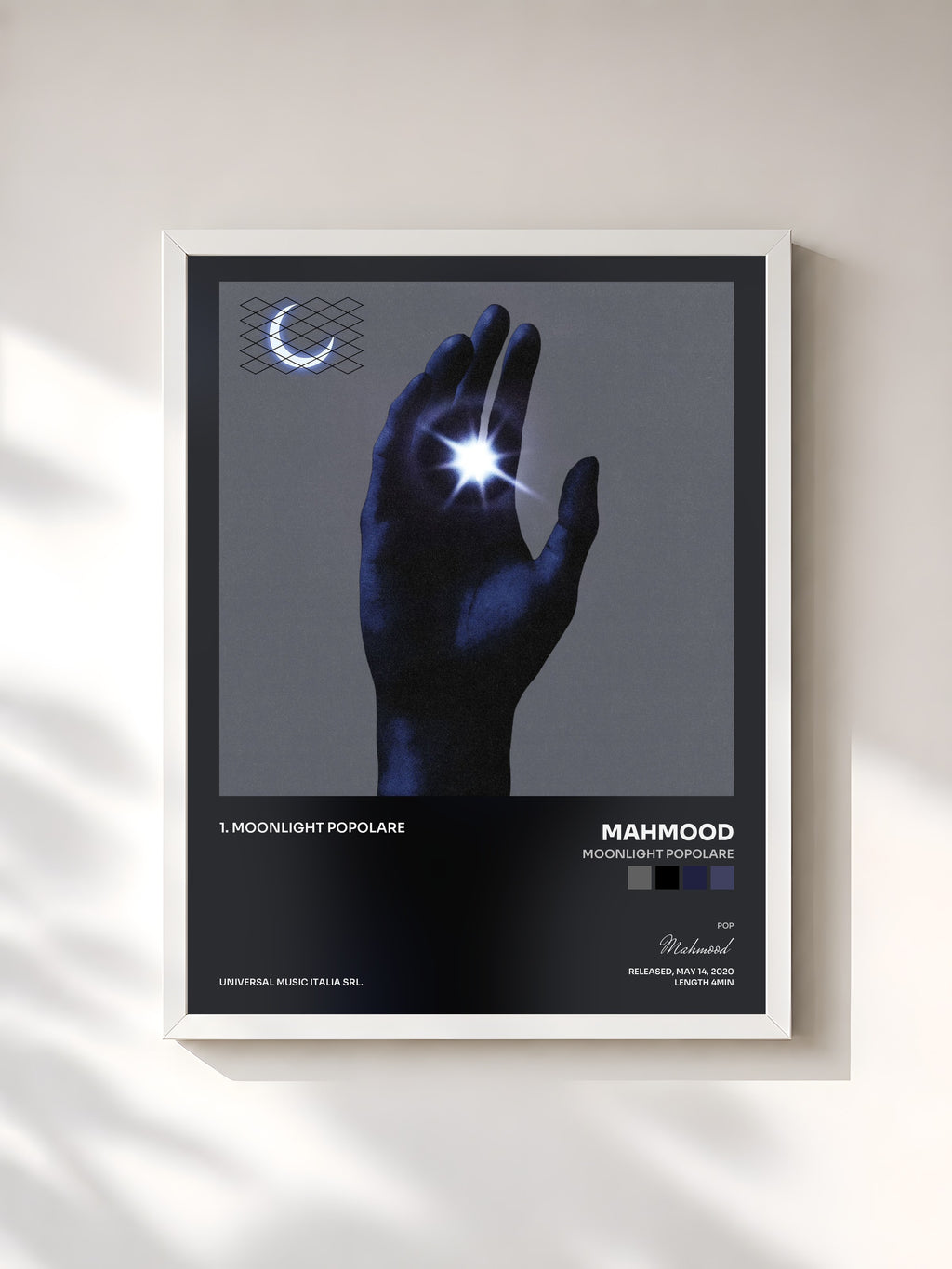 #blanc Tableau de l'album Moonlight Popolare de Mahmood, cadre blanc, imprimé et encadré en France