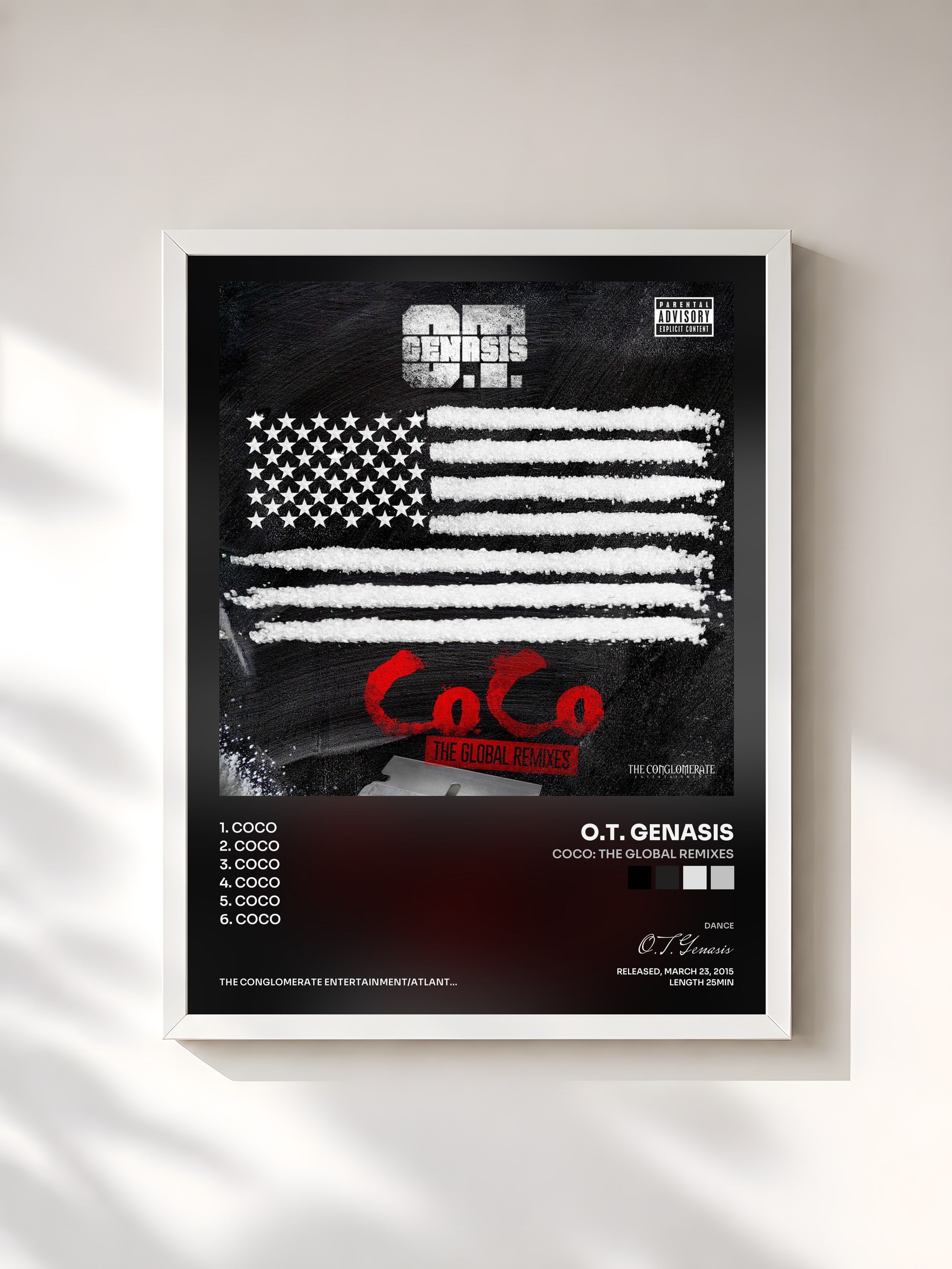 #blanc Tableau de l'album CoCo: The Global Remixes de O.T. Genasis, cadre blanc, imprimé et encadré en France