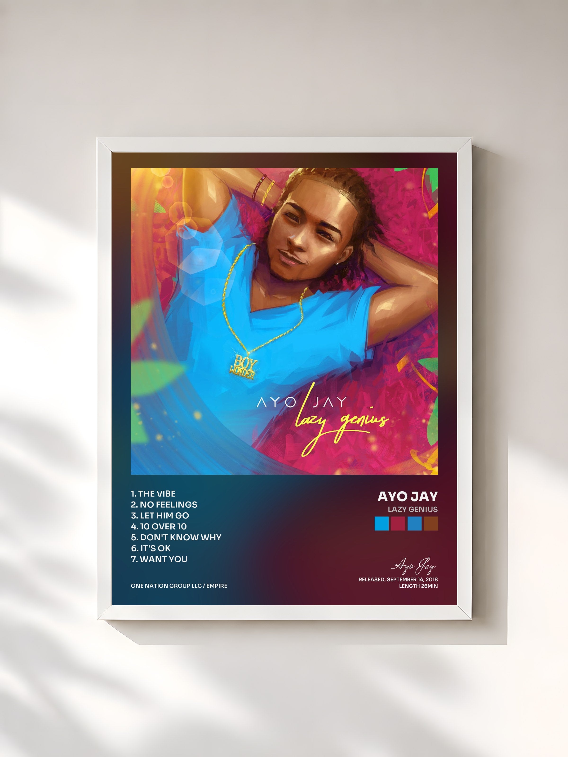 #blanc Tableau de l'album Lazy Genius de Ayo Jay, cadre blanc, imprimé et encadré en France