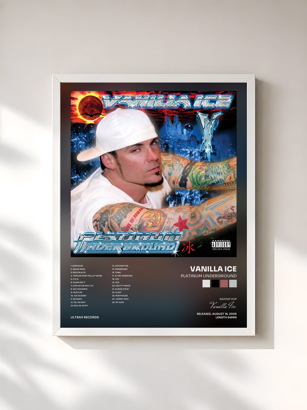 #blanc Tableau de l'album Platinum Underground de Vanilla Ice, cadre blanc, imprimé et encadré en France