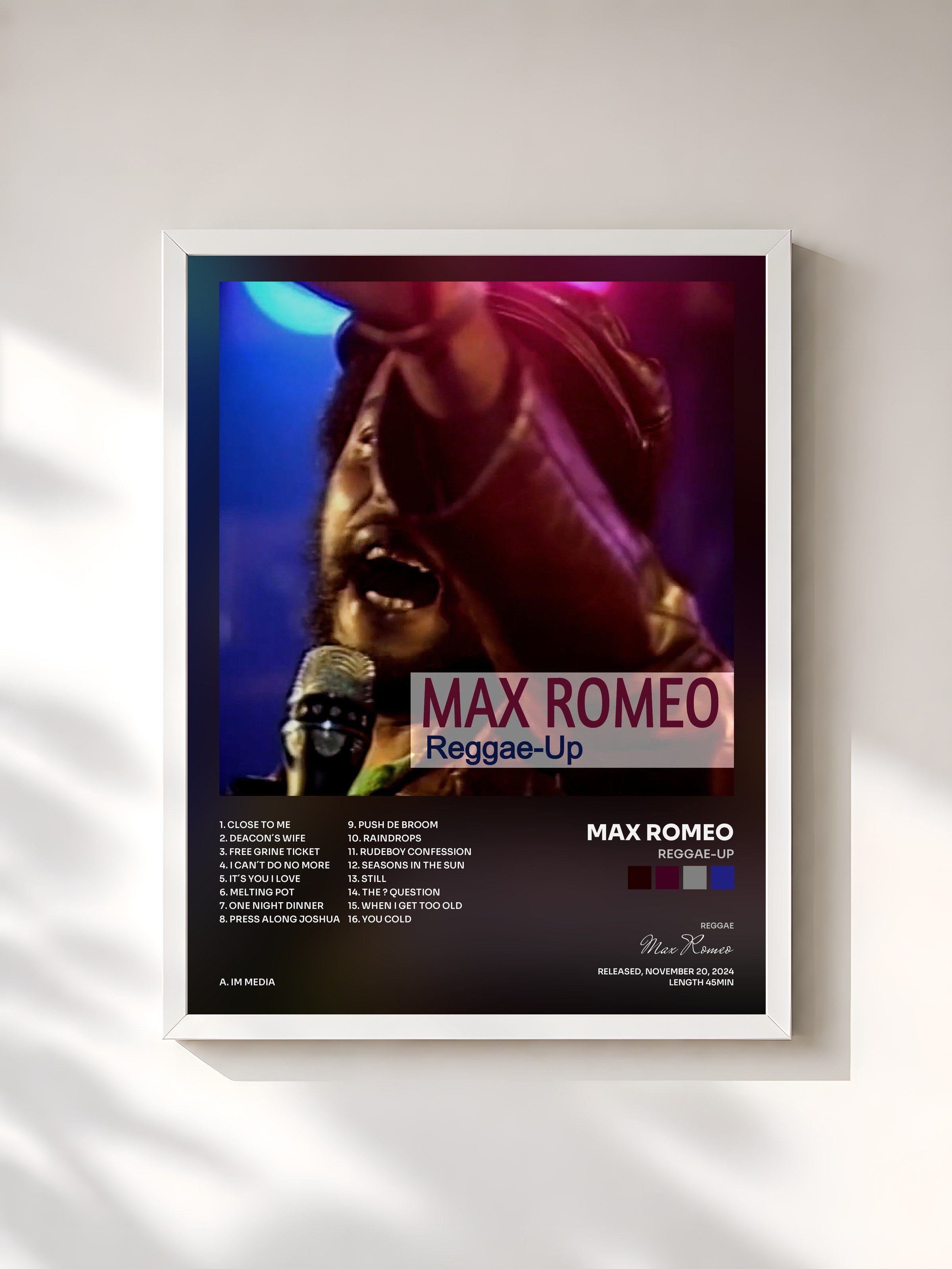 #blanc Tableau de l'album Reggae-Up de Max Romeo, cadre blanc, imprimé et encadré en France