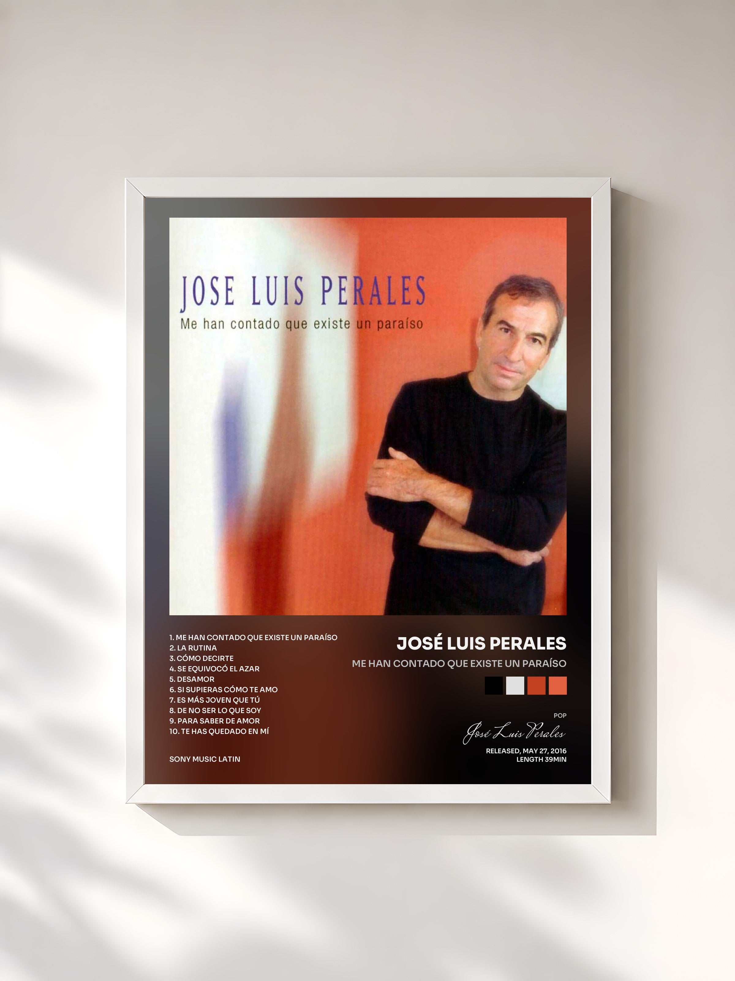 #blanc Tableau de l'album Me Han Contado Que Existe un Paraíso de José Luis Perales, cadre blanc, imprimé et encadré en France