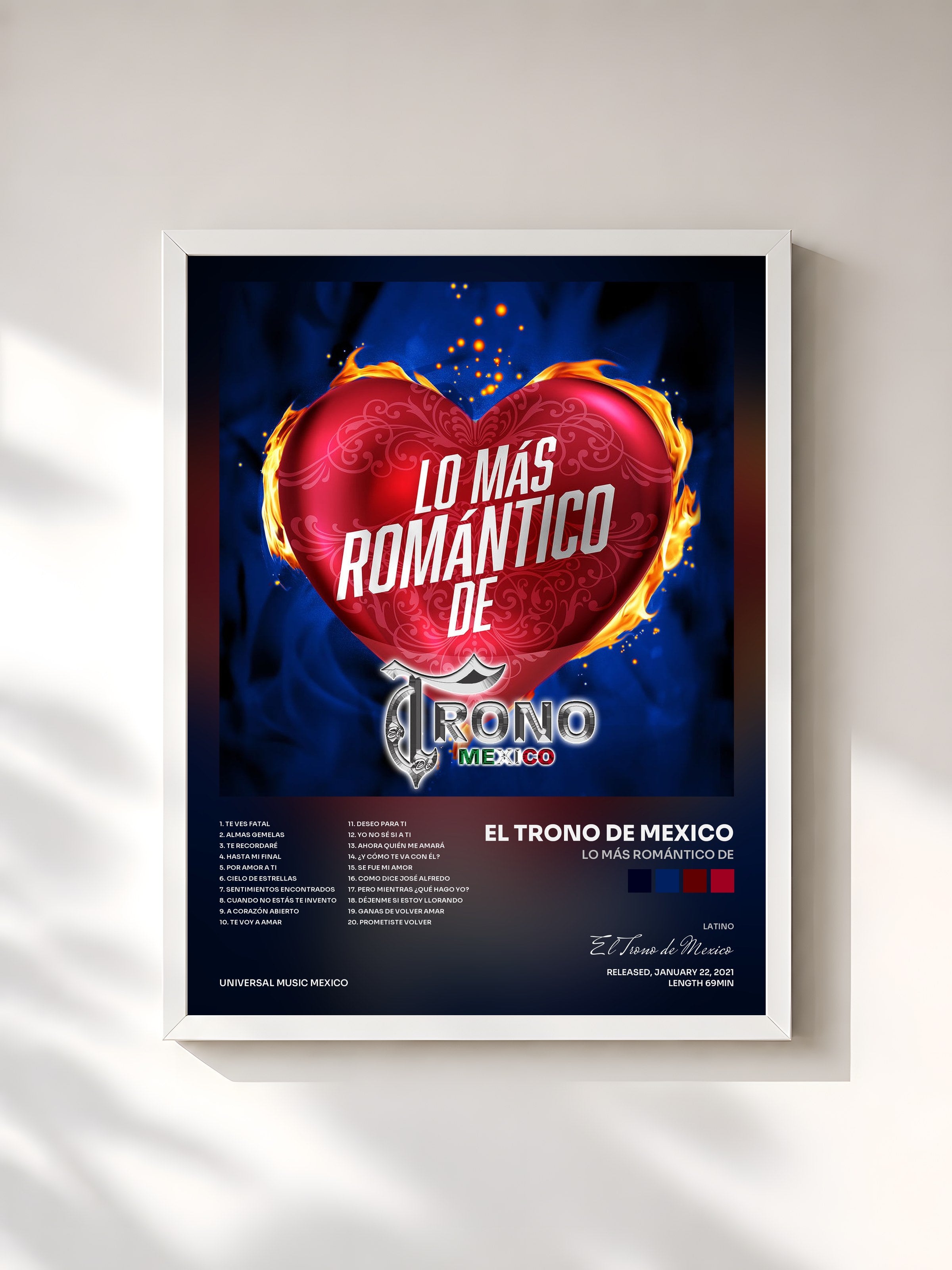 #blanc Tableau de l'album Lo Más Romántico De de El Trono de Mexico, cadre blanc, imprimé et encadré en France