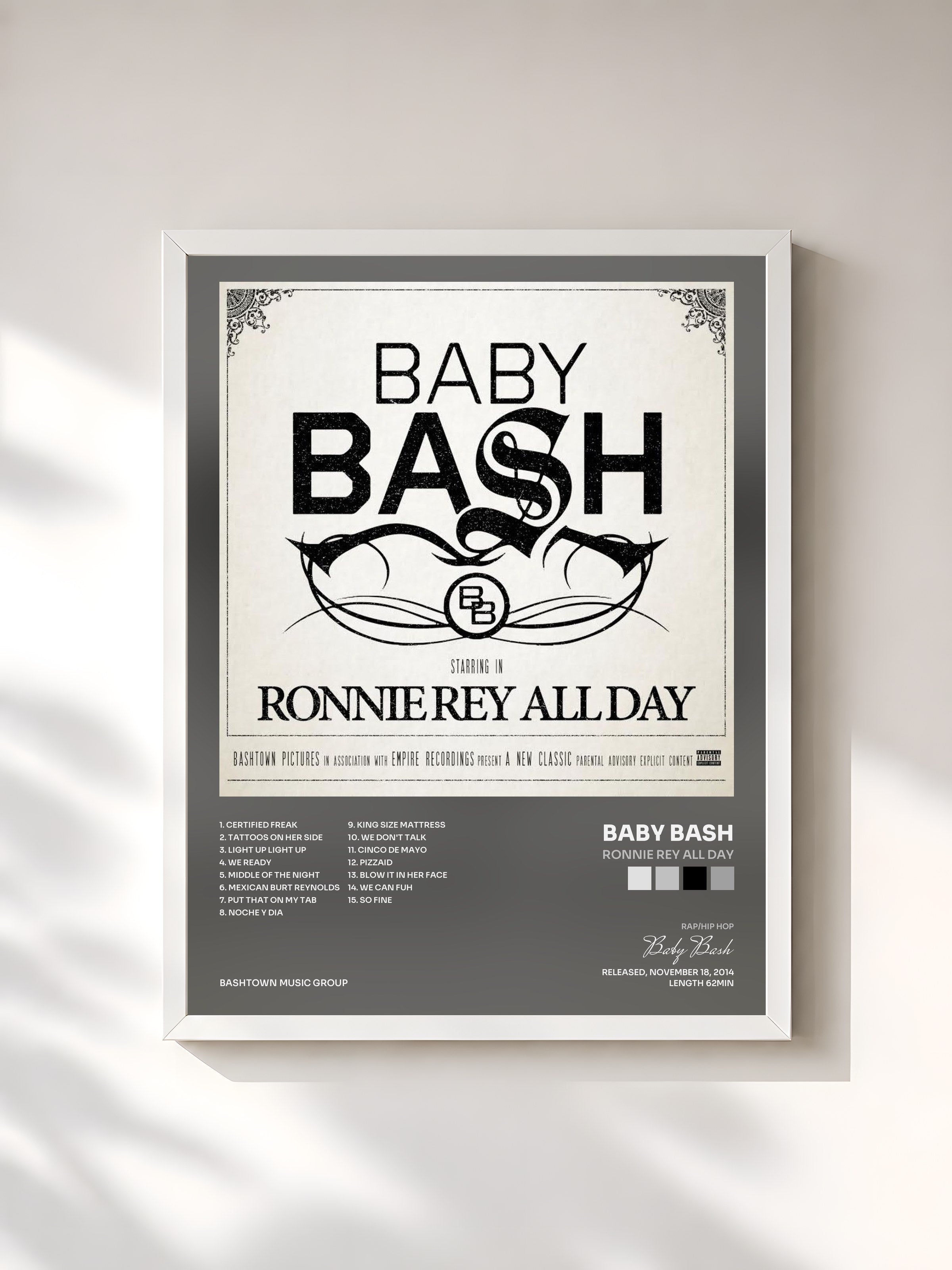 #blanc Tableau de l'album Ronnie Rey All Day de Baby Bash, cadre blanc, imprimé et encadré en France
