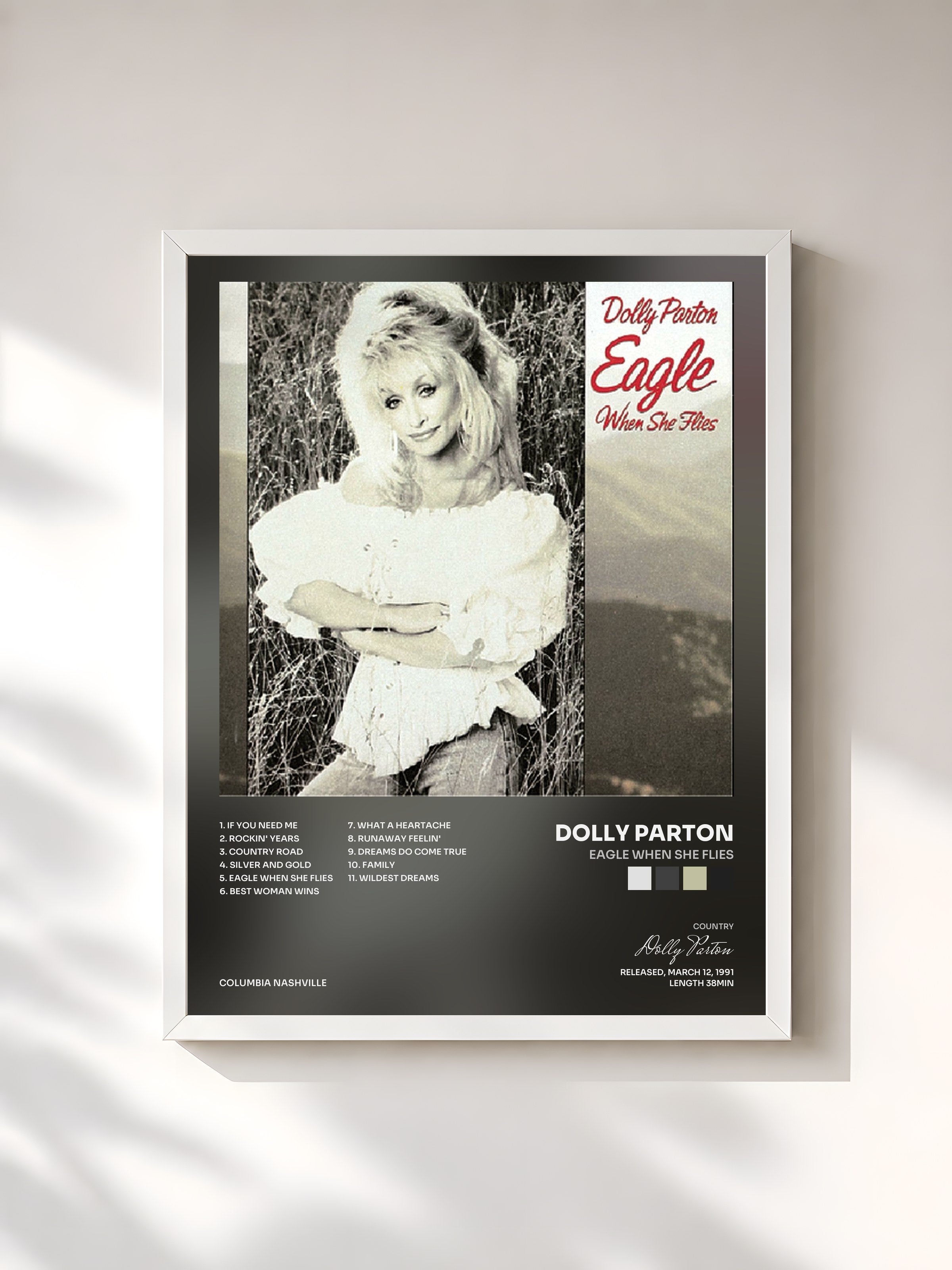 #blanc Tableau de l'album Eagle When She Flies de Dolly Parton, cadre blanc, imprimé et encadré en France