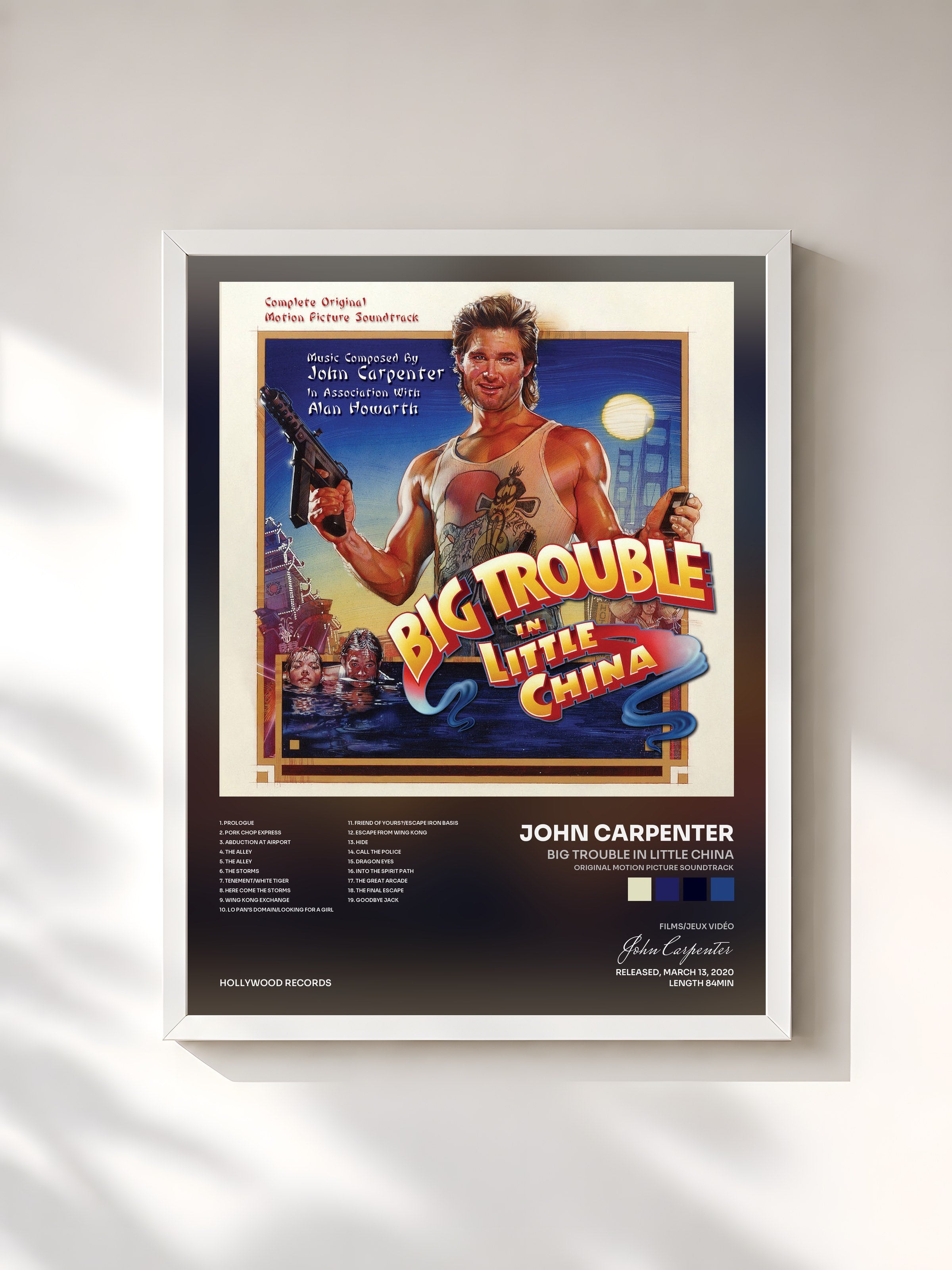 #blanc Tableau de l'album Big Trouble in Little China (Original Motion Picture Soundtrack) de John Carpenter, cadre blanc, imprimé et encadré en France