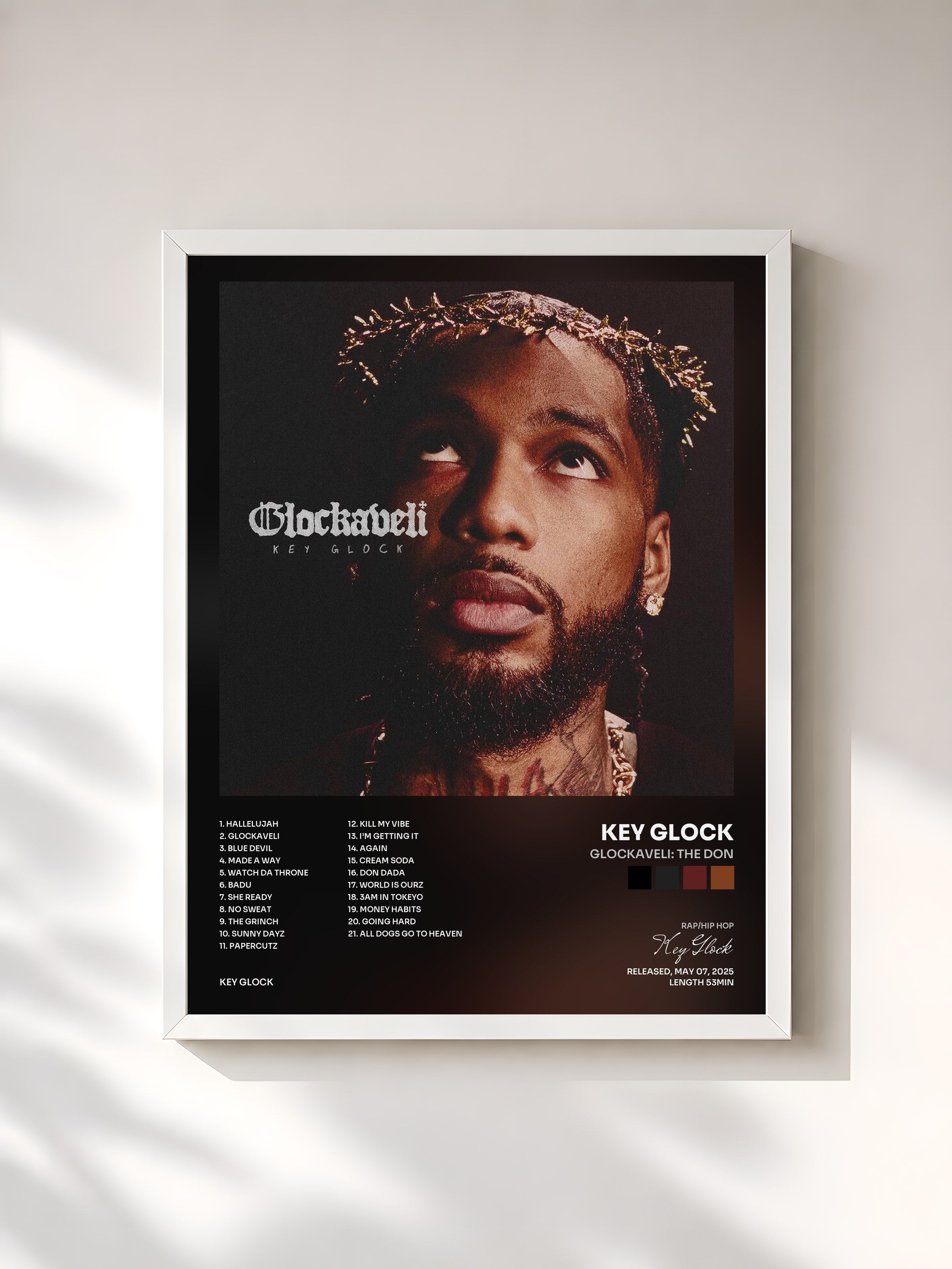 #blanc Tableau de l'album Glockaveli: The Don de Key Glock, cadre blanc, imprimé et encadré en France