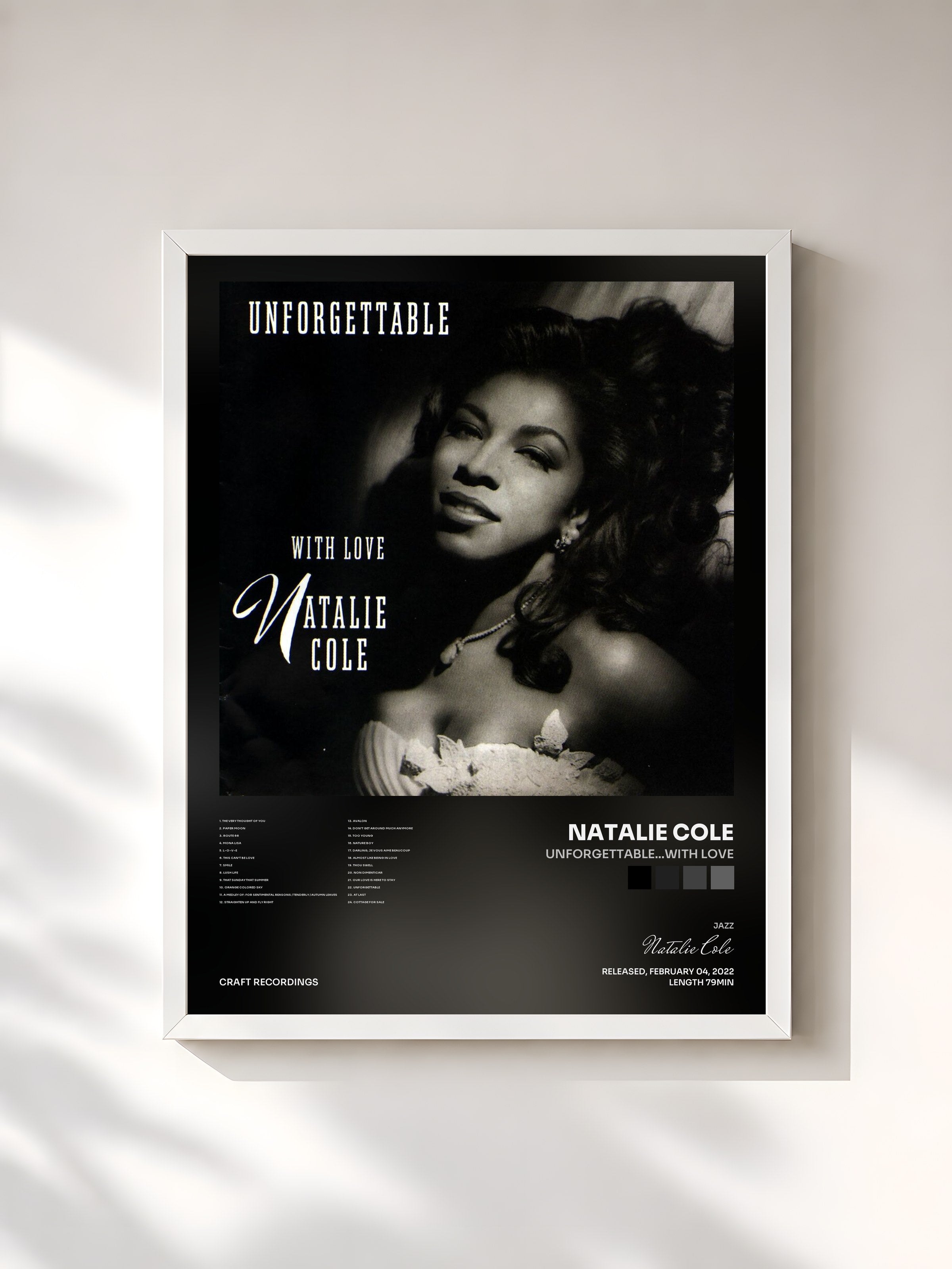 #blanc Tableau de l'album Unforgettable...With Love de Natalie Cole, cadre blanc, imprimé et encadré en France