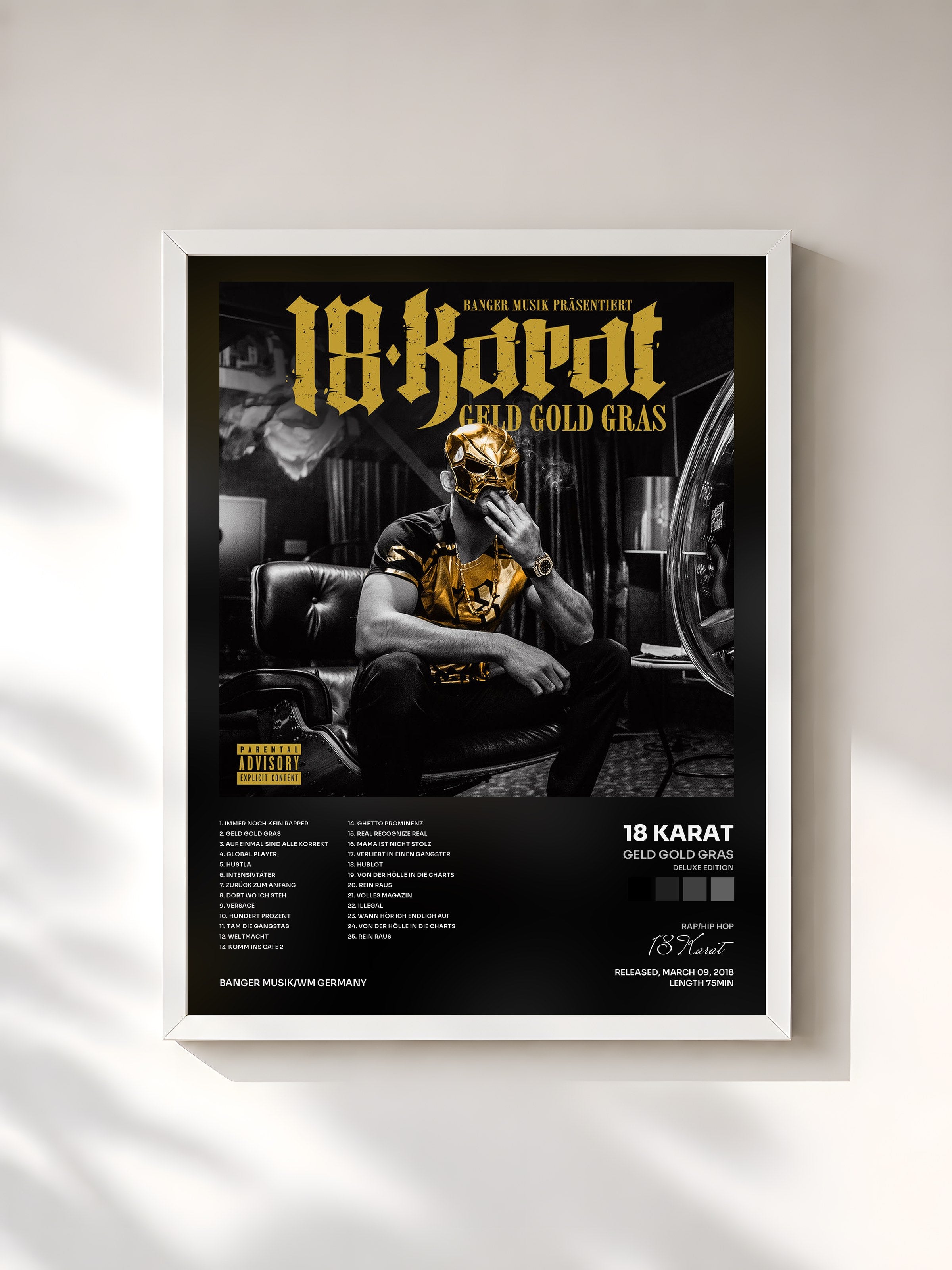 #blanc Tableau de l'album Geld Gold Gras (Deluxe Edition) de 18 Karat, cadre blanc, imprimé et encadré en France