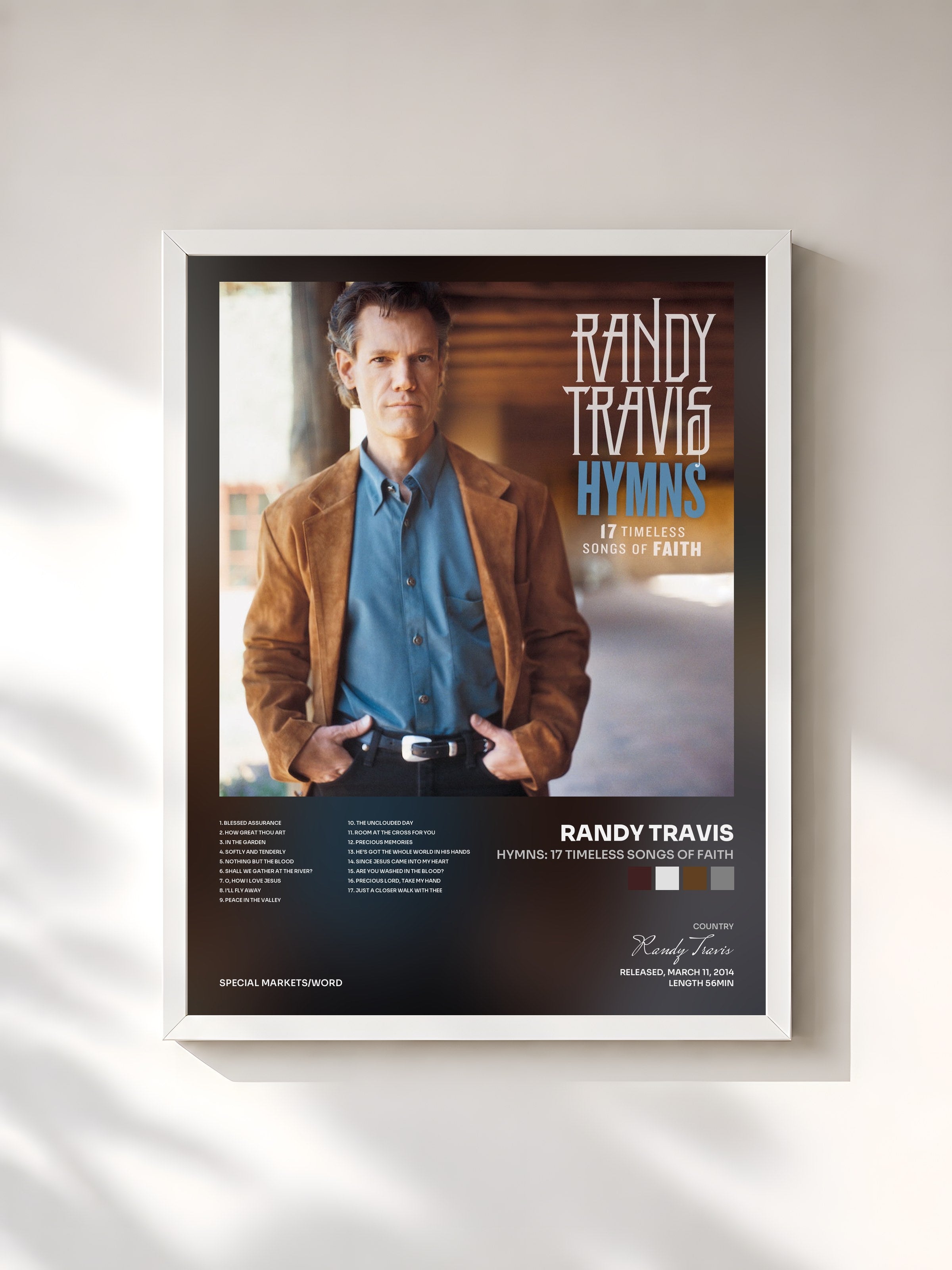 #blanc Tableau de l'album Hymns: 17 Timeless Songs of Faith de Randy Travis, cadre blanc, imprimé et encadré en France