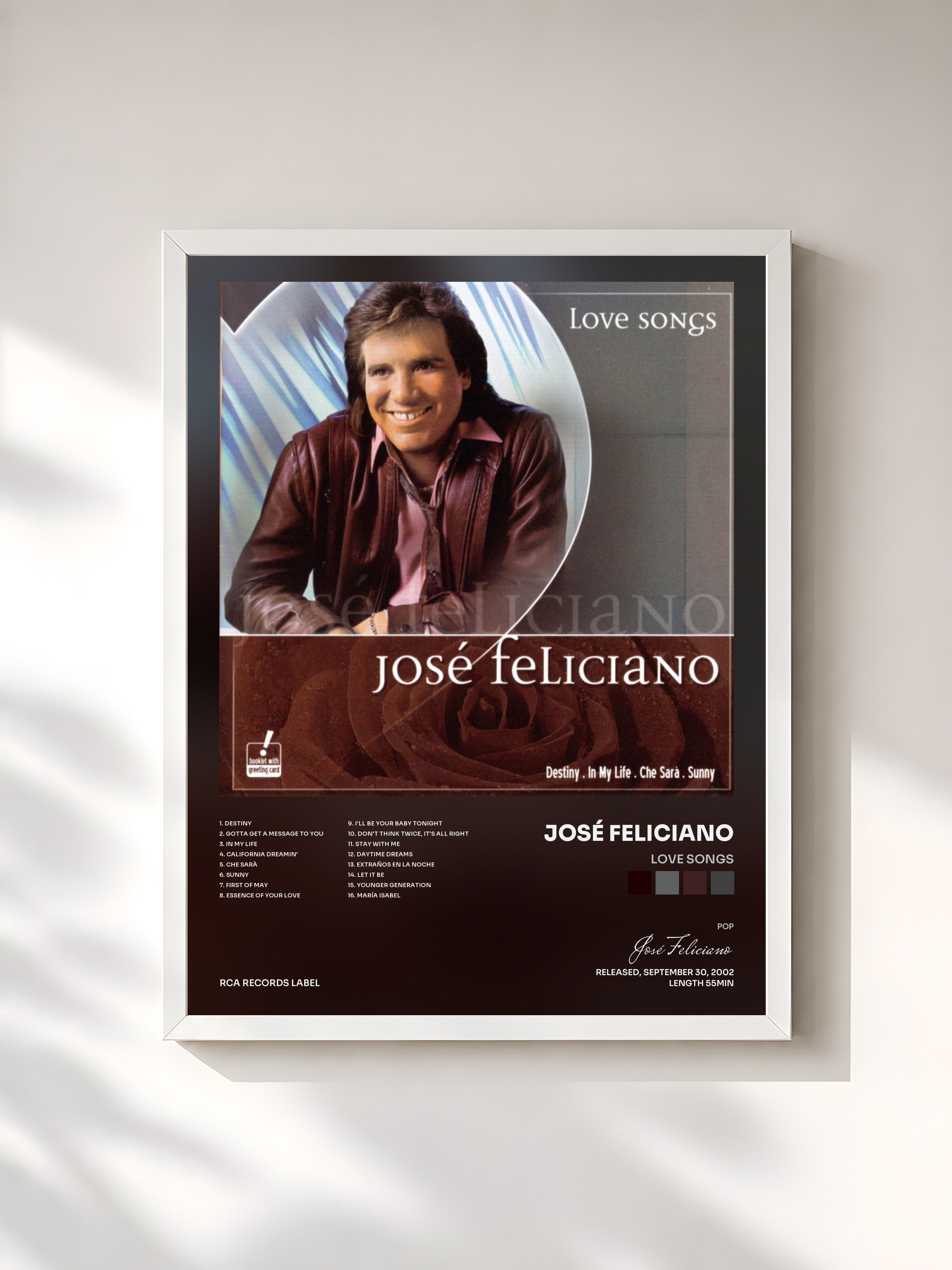 #blanc Tableau de l'album Love Songs de José Feliciano, cadre blanc, imprimé et encadré en France