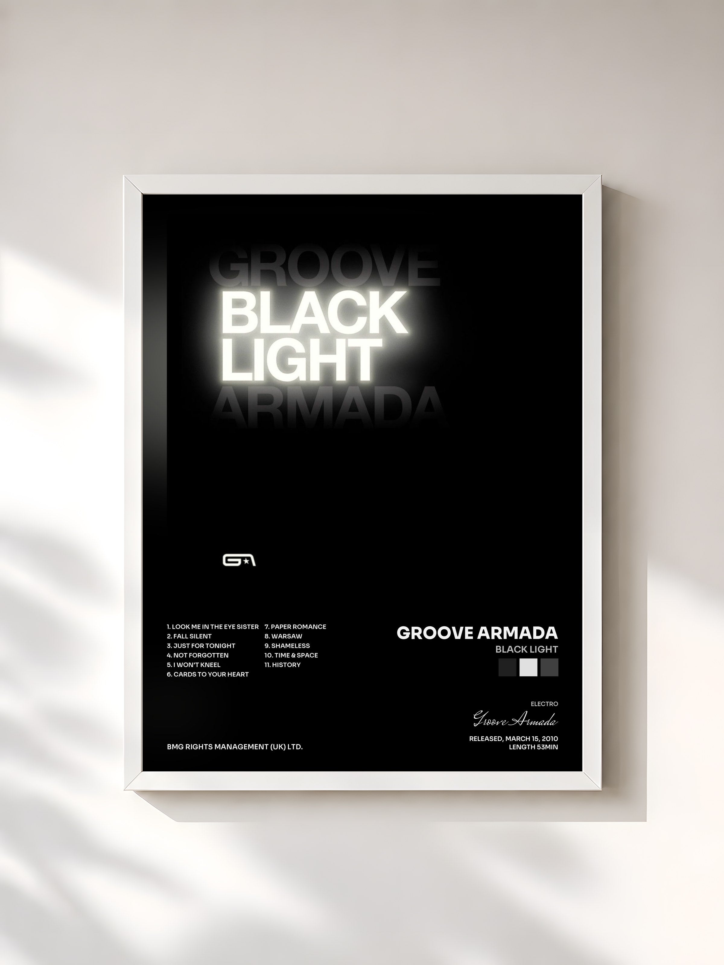 #blanc Tableau de l'album Black Light de Groove Armada, cadre blanc, imprimé et encadré en France