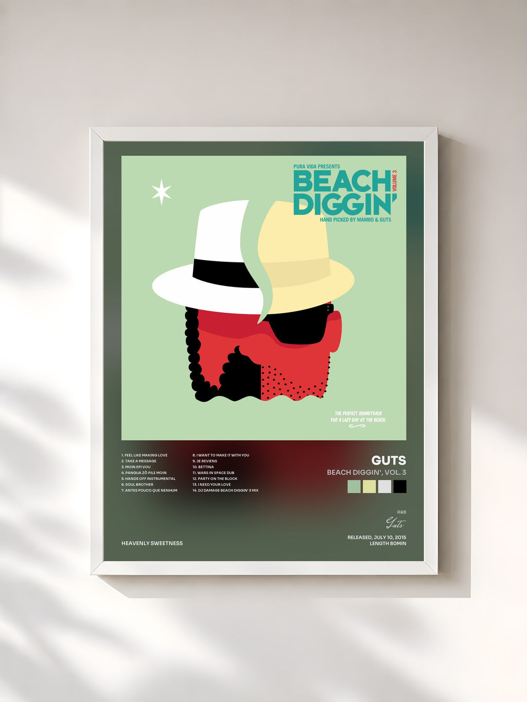 #blanc Tableau de l'album Beach Diggin', Vol. 3 de Guts, cadre blanc, imprimé et encadré en France
