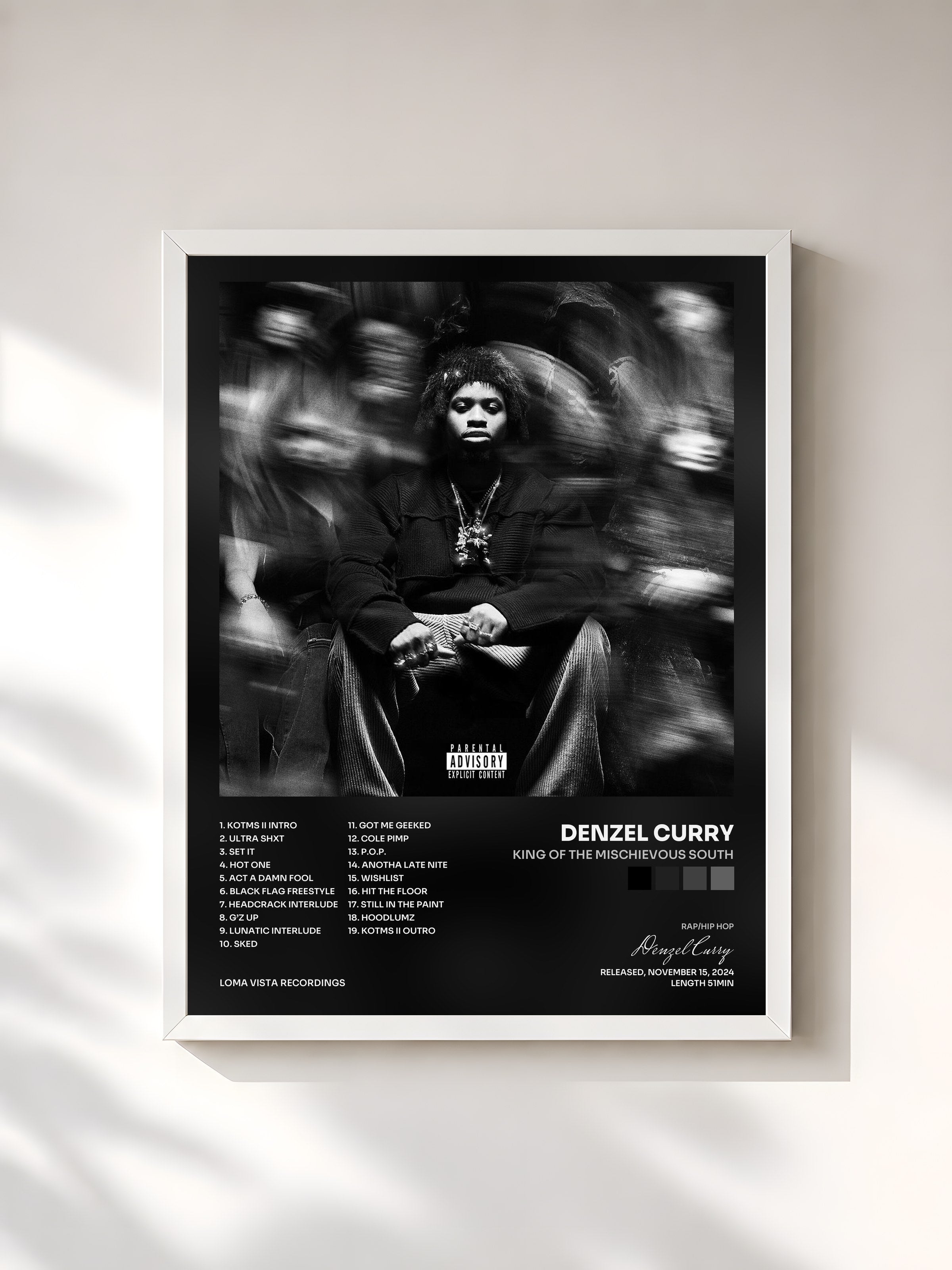 #blanc Tableau de l'album KING OF THE MISCHIEVOUS SOUTH de Denzel Curry, cadre blanc, imprimé et encadré en France