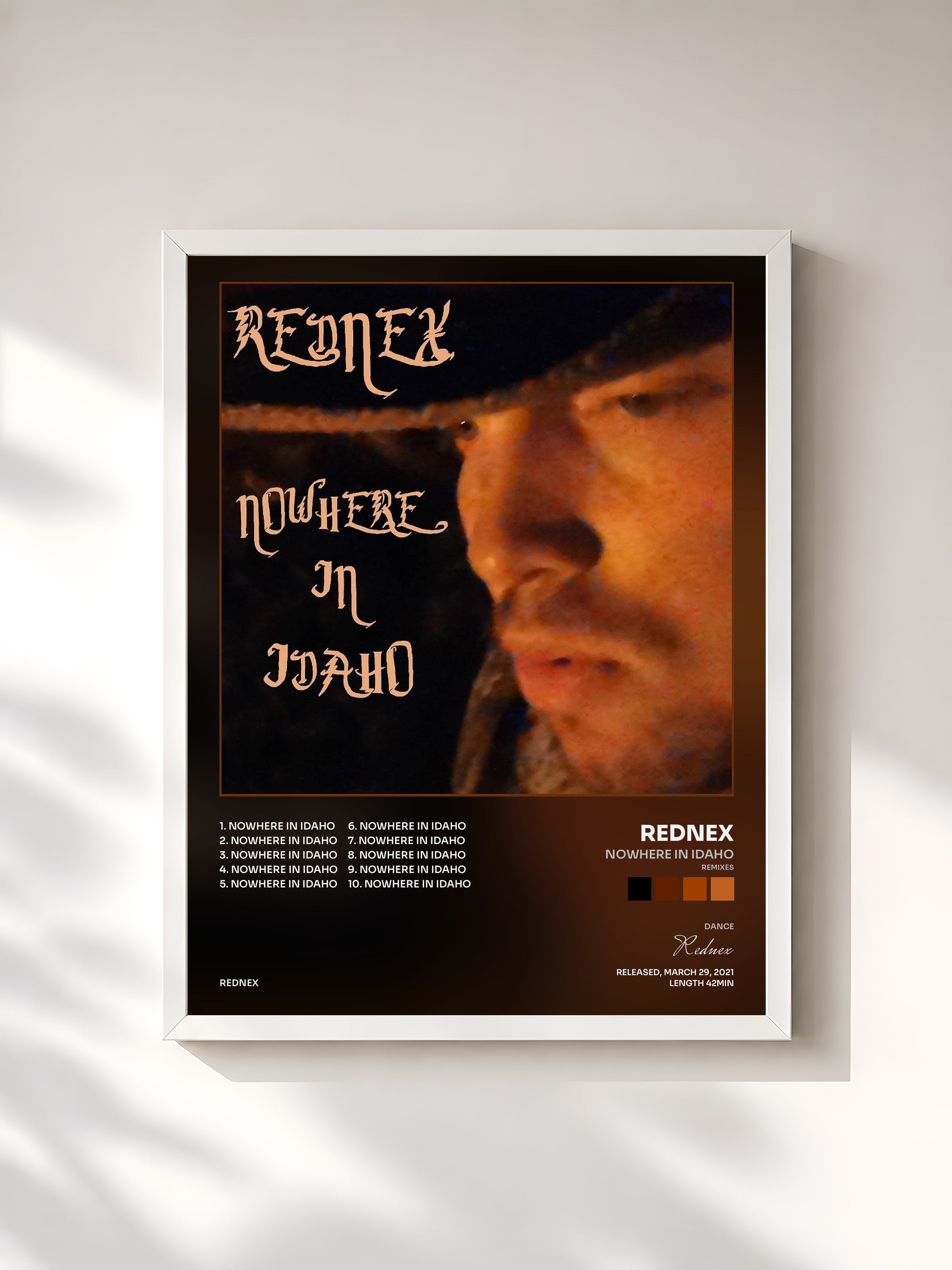 #blanc Tableau de l'album Nowhere in Idaho (Remixes) de Rednex, cadre blanc, imprimé et encadré en France