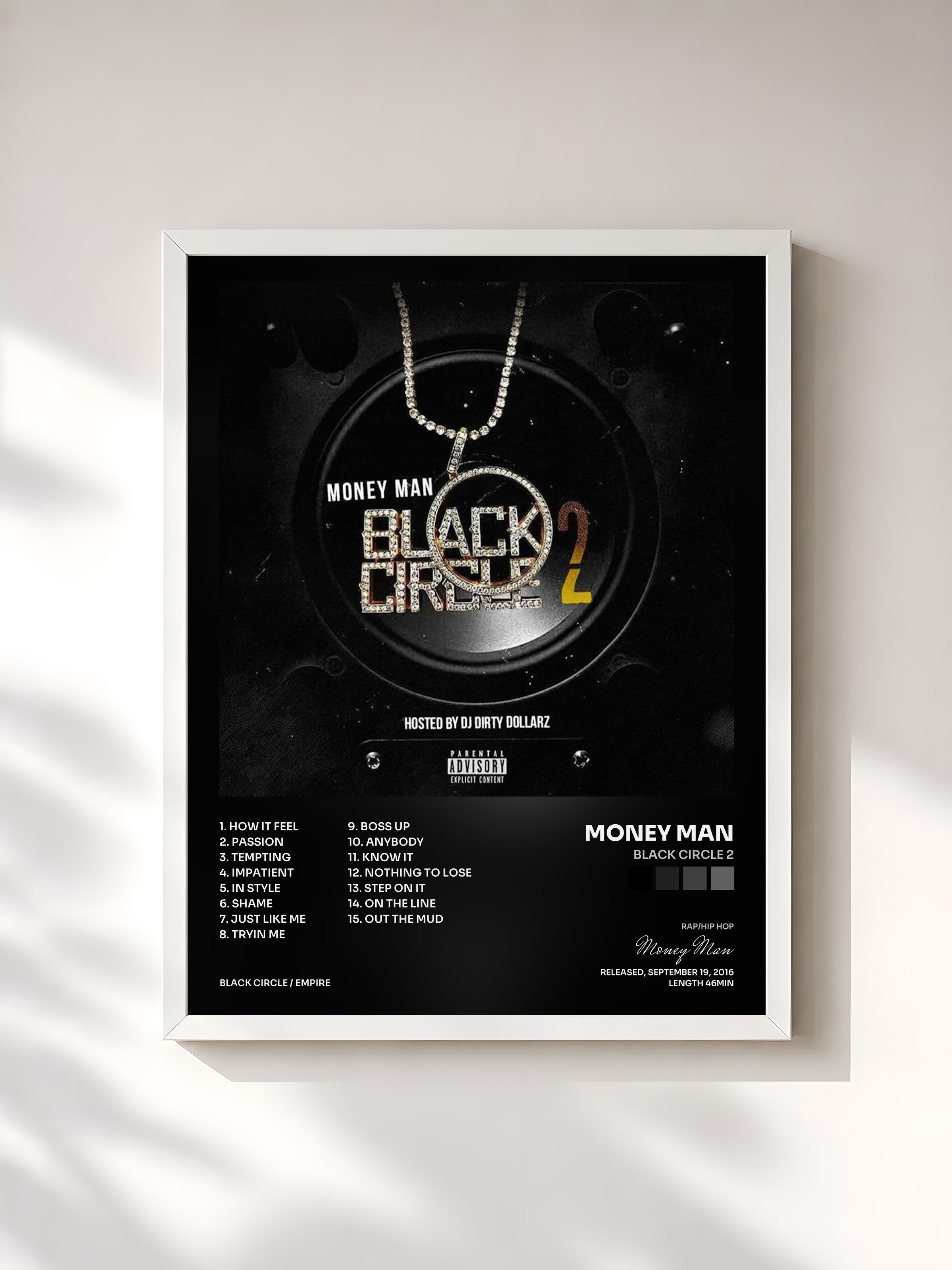 #blanc Tableau de l'album Black Circle 2 de Money Man, cadre blanc, imprimé et encadré en France
