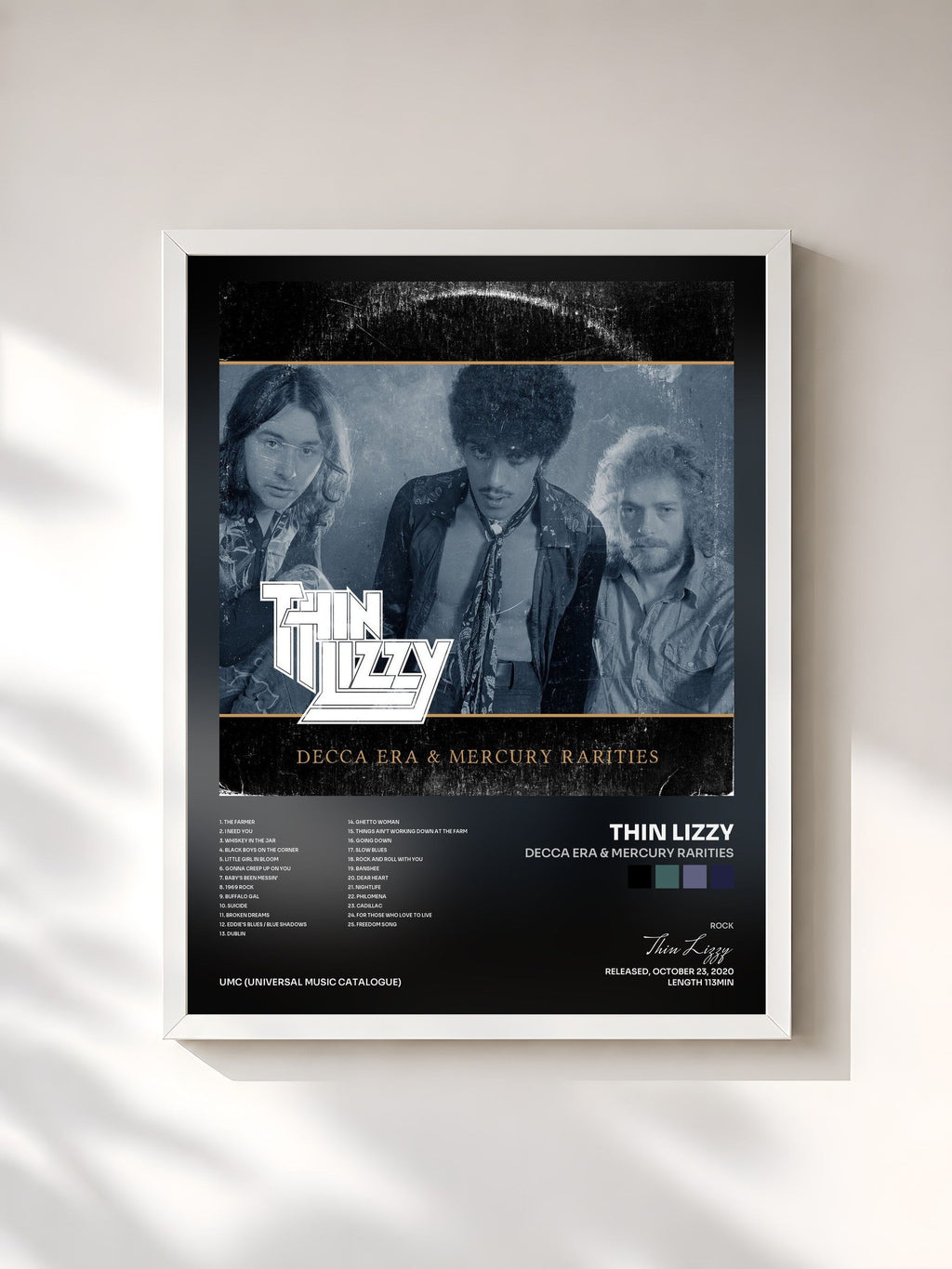 #blanc Tableau de l'album Decca Era & Mercury Rarities de Thin Lizzy, cadre blanc, imprimé et encadré en France