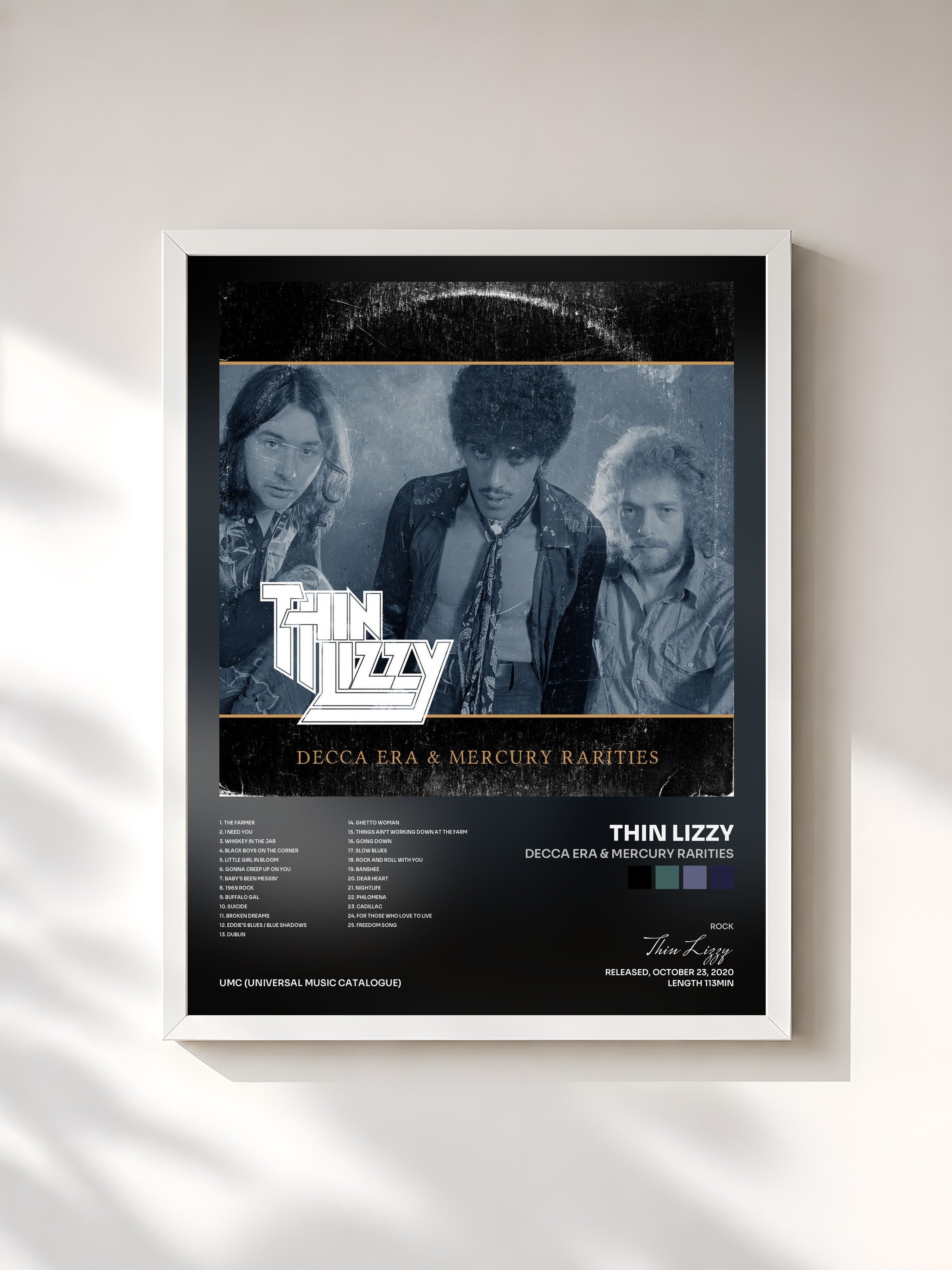 #blanc Tableau de l'album Decca Era & Mercury Rarities de Thin Lizzy, cadre blanc, imprimé et encadré en France