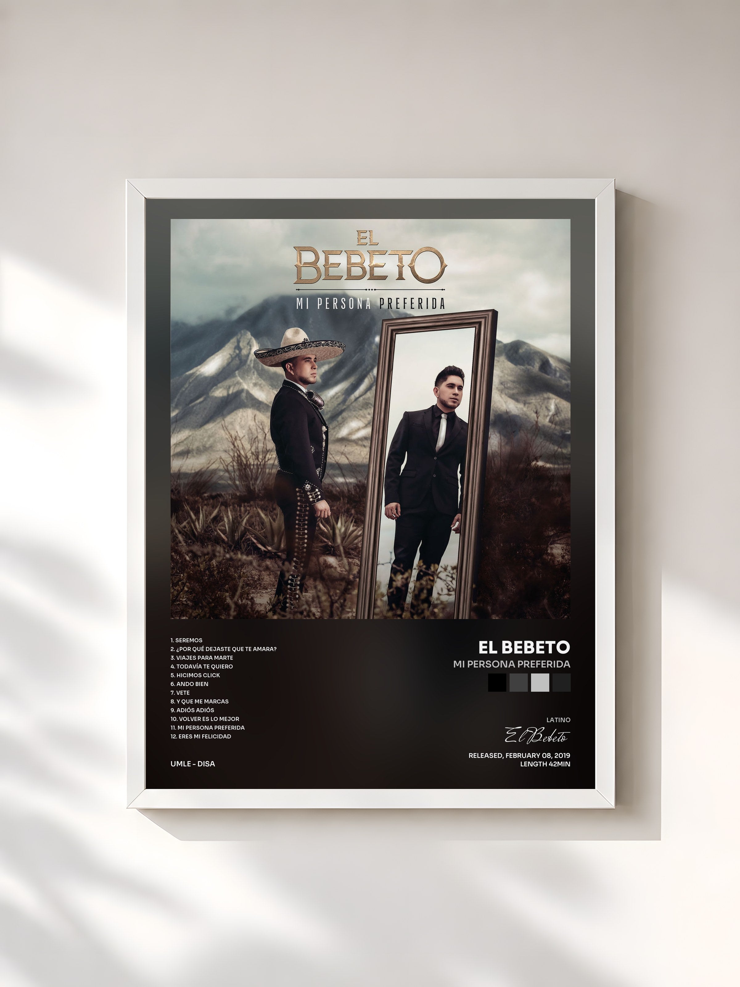 #blanc Tableau de l'album Mi Persona Preferida de El Bebeto, cadre blanc, imprimé et encadré en France