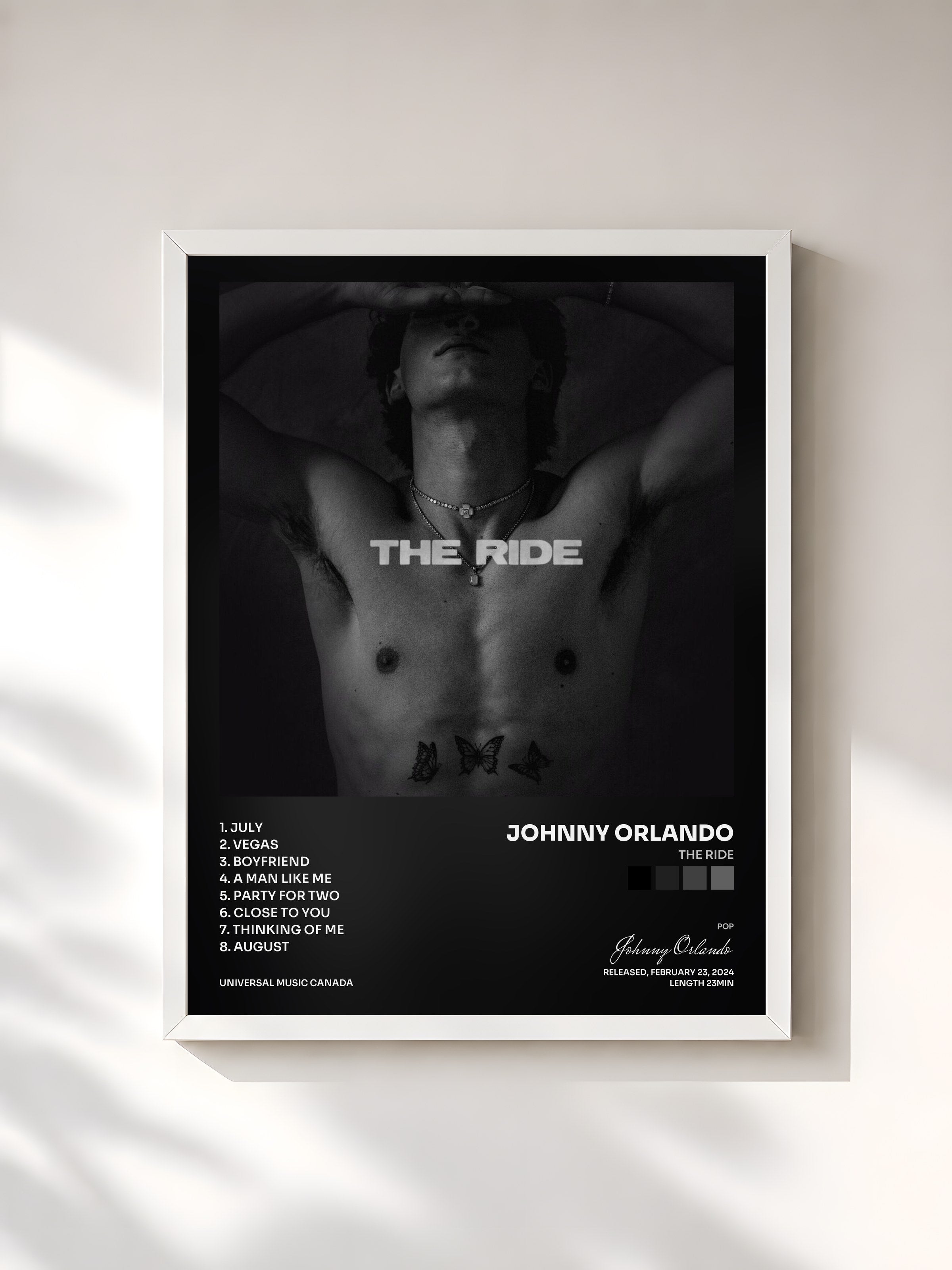#blanc Tableau de l'album The Ride de Johnny Orlando, cadre blanc, imprimé et encadré en France