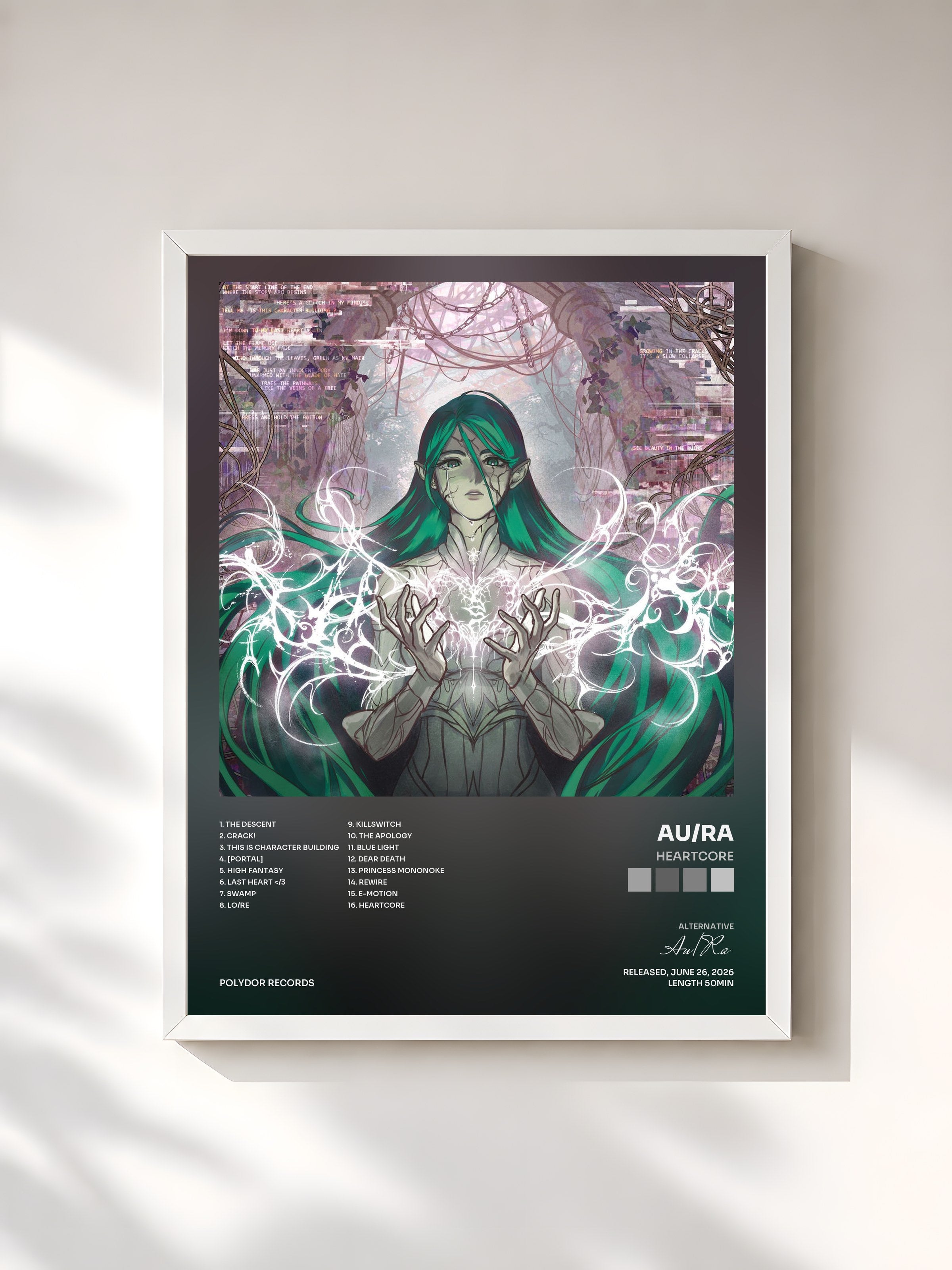 #blanc Tableau de l'album heartcore de Au/Ra, cadre blanc, imprimé et encadré en France