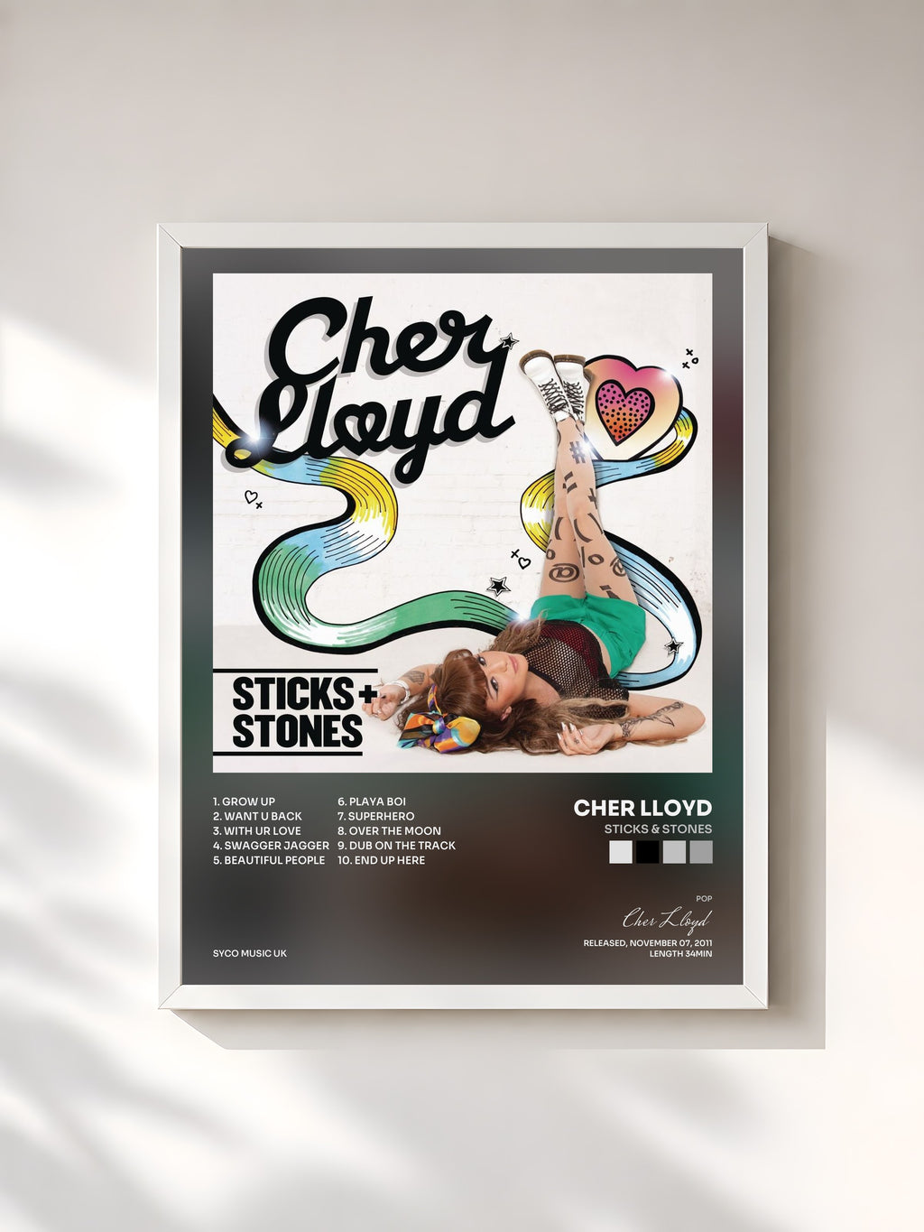 #blanc Tableau de l'album Sticks & Stones de Cher Lloyd, cadre blanc, imprimé et encadré en France