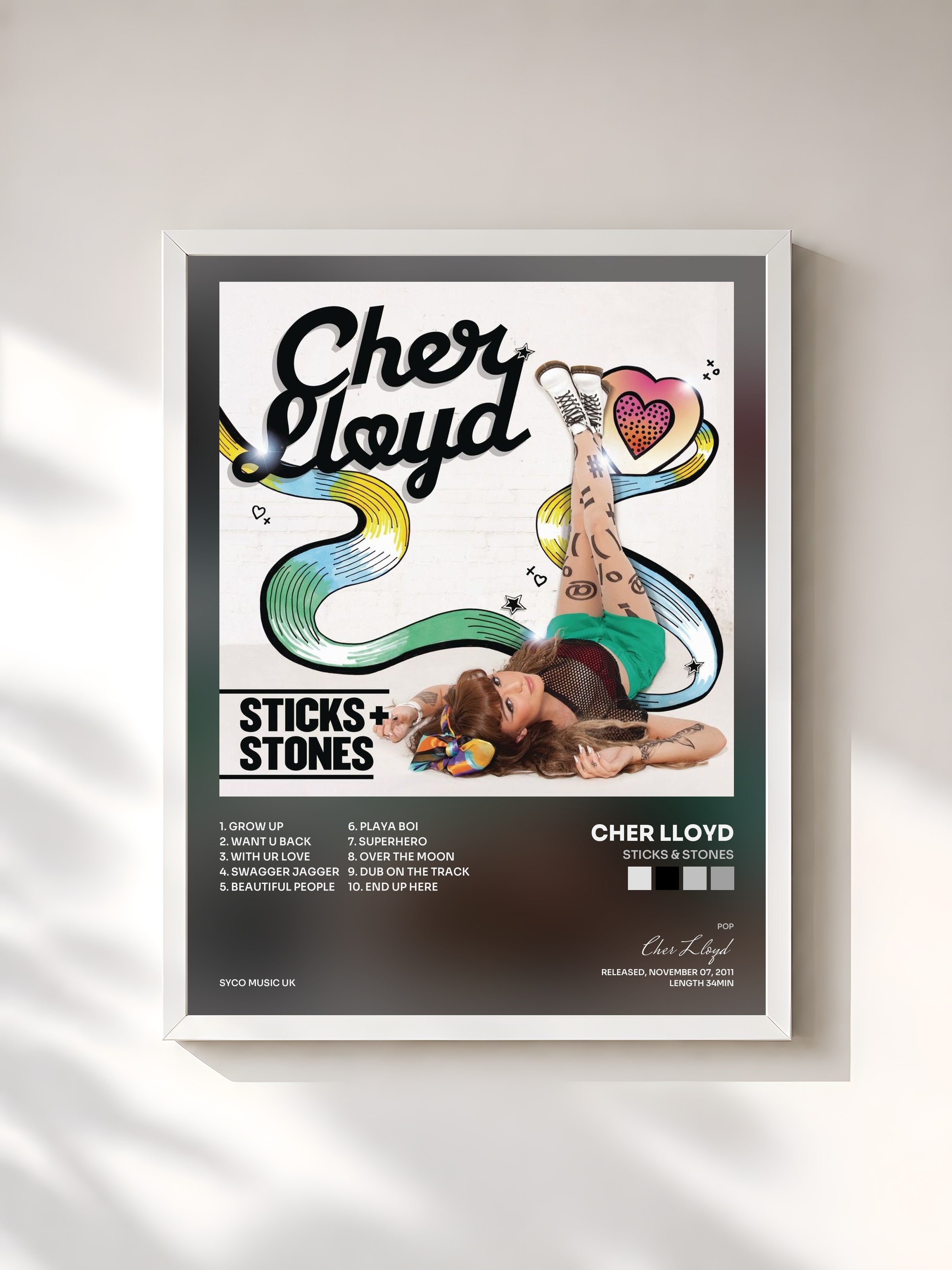 #blanc Tableau de l'album Sticks & Stones de Cher Lloyd, cadre blanc, imprimé et encadré en France