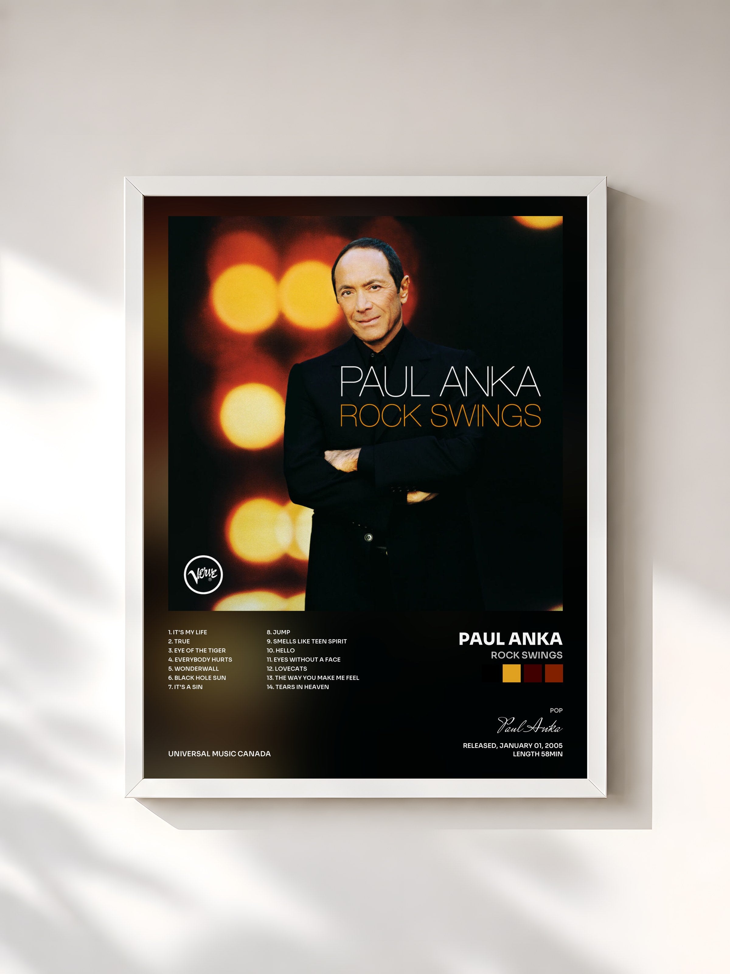#blanc Tableau de l'album Rock Swings de Paul Anka, cadre blanc, imprimé et encadré en France