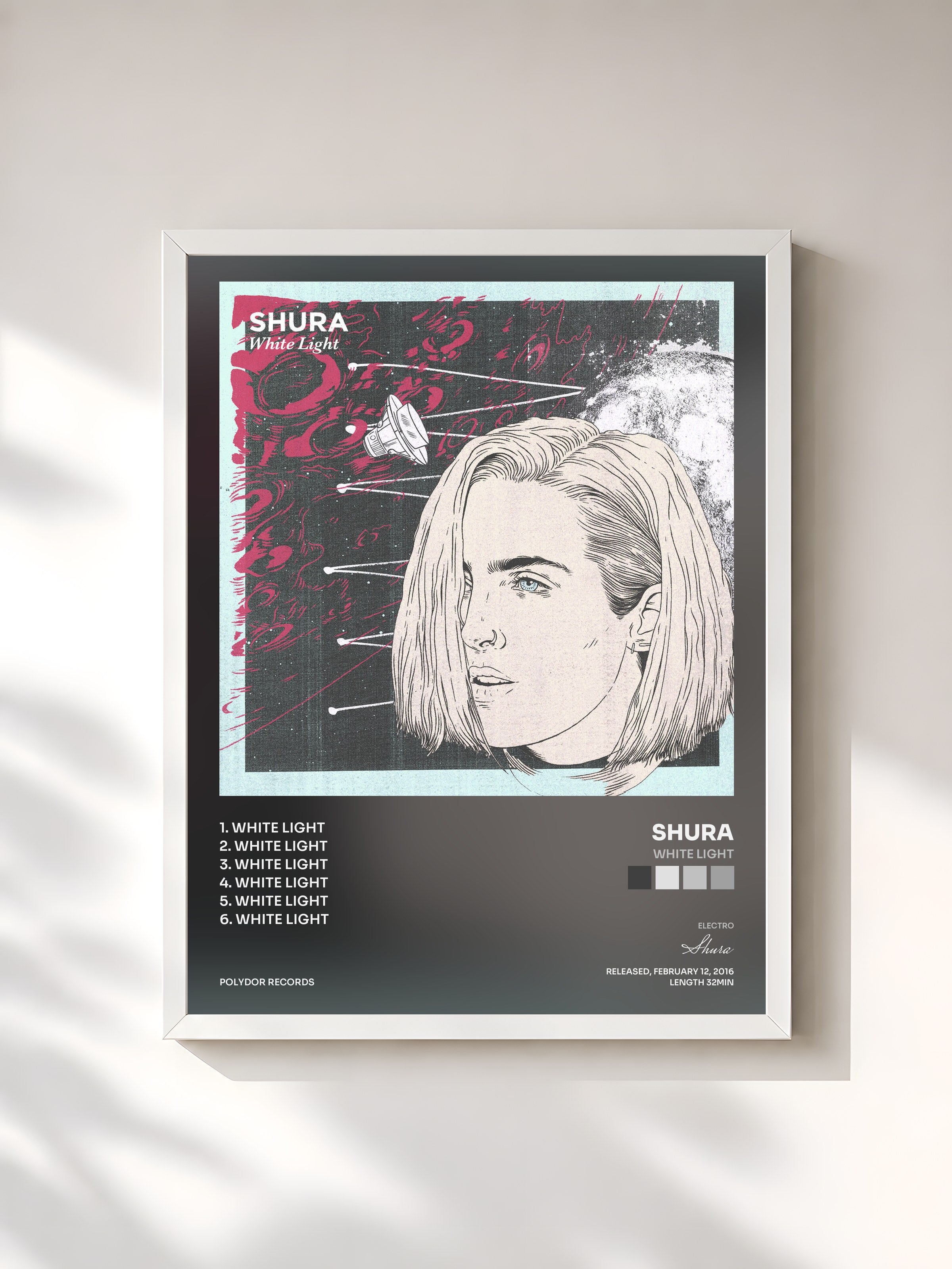 #blanc Tableau de l'album White Light de Shura, cadre blanc, imprimé et encadré en France