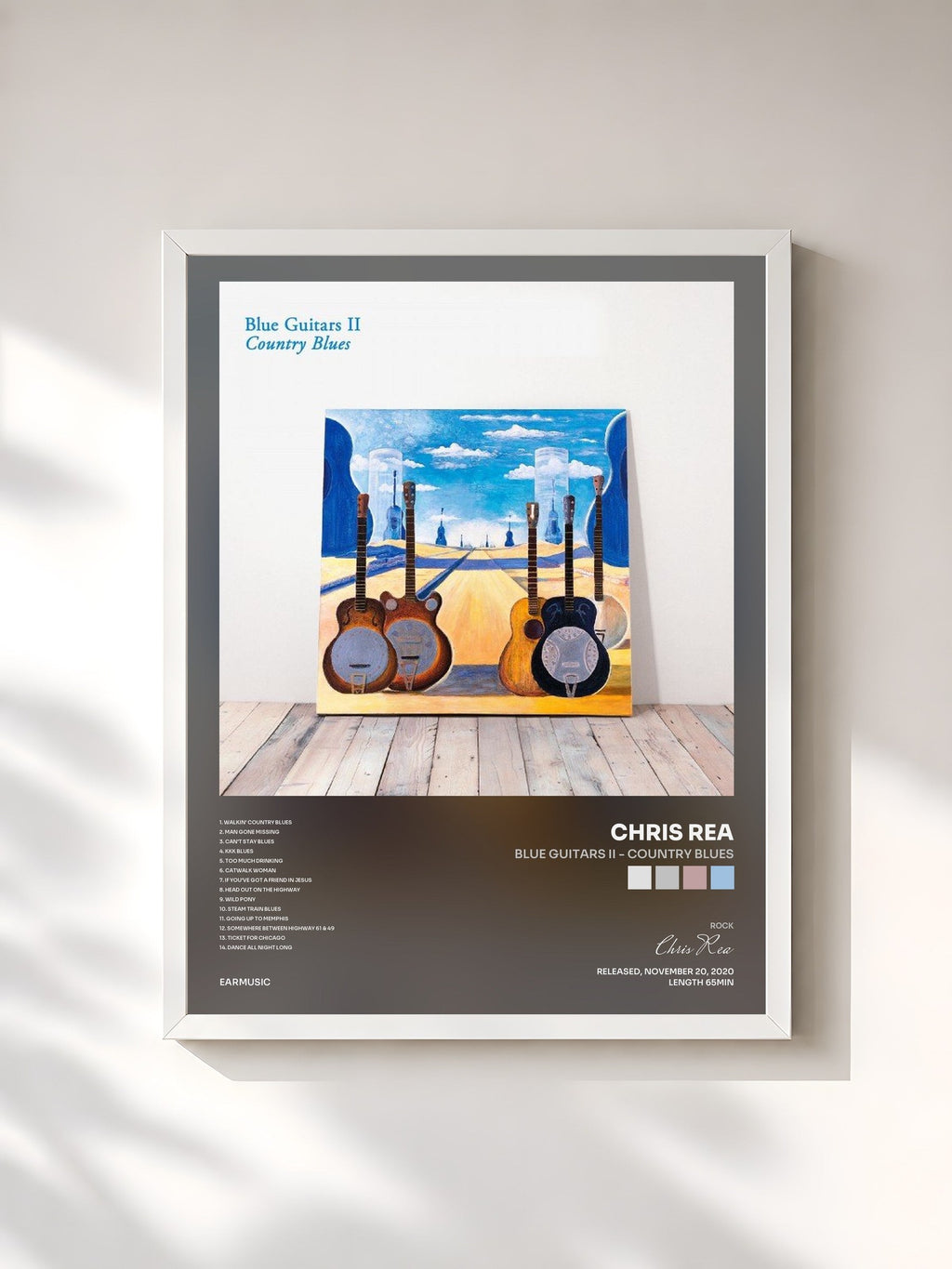 #blanc Blue Guitars II - Country Blues von Chris Rea als gerahmter Kunstdruck, weißer Rahmen, gedruckt und gerahmt in Frankreich