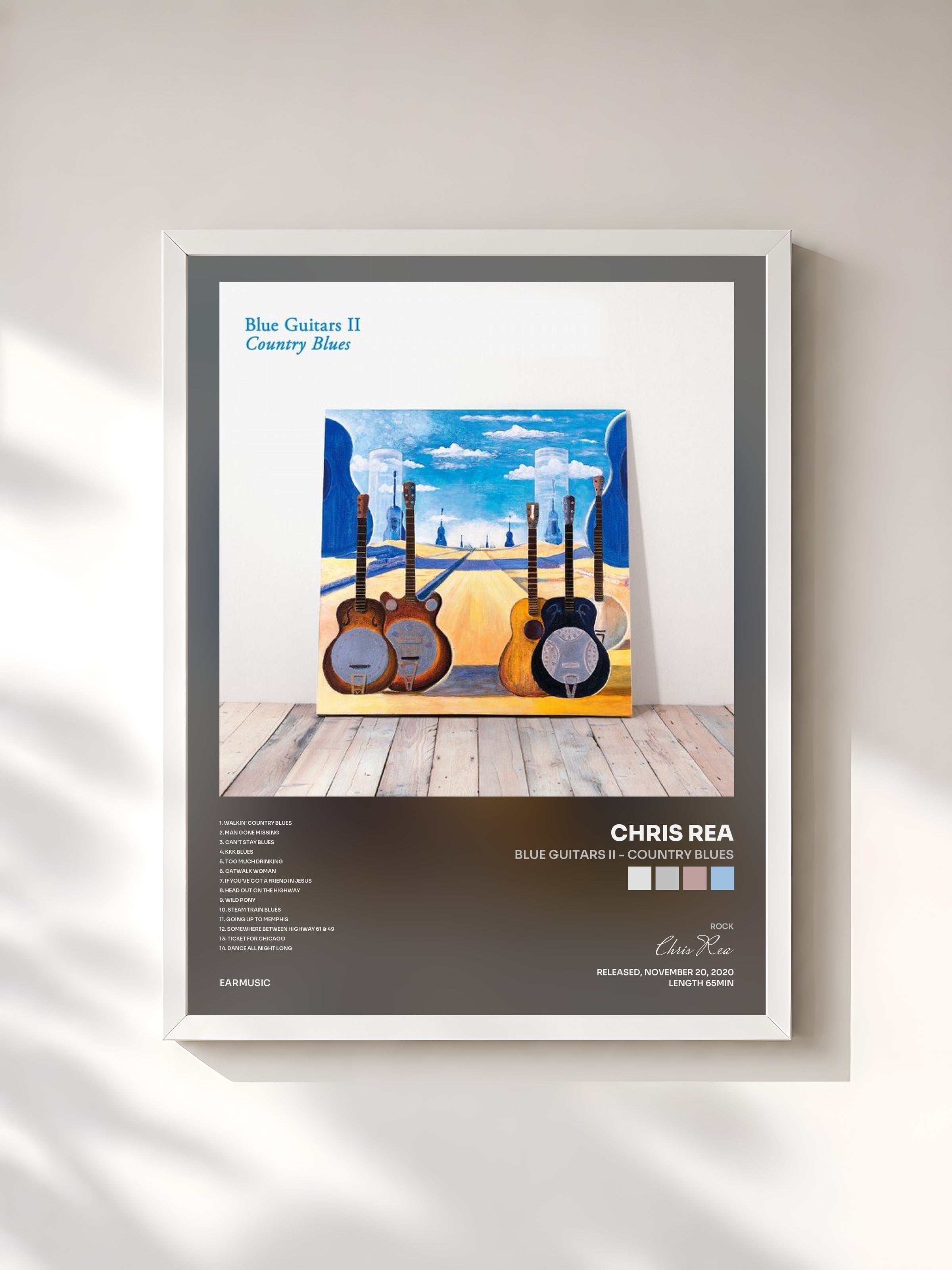 #blanc Tableau de l'album Blue Guitars II - Country Blues de Chris Rea, cadre blanc, imprimé et encadré en France