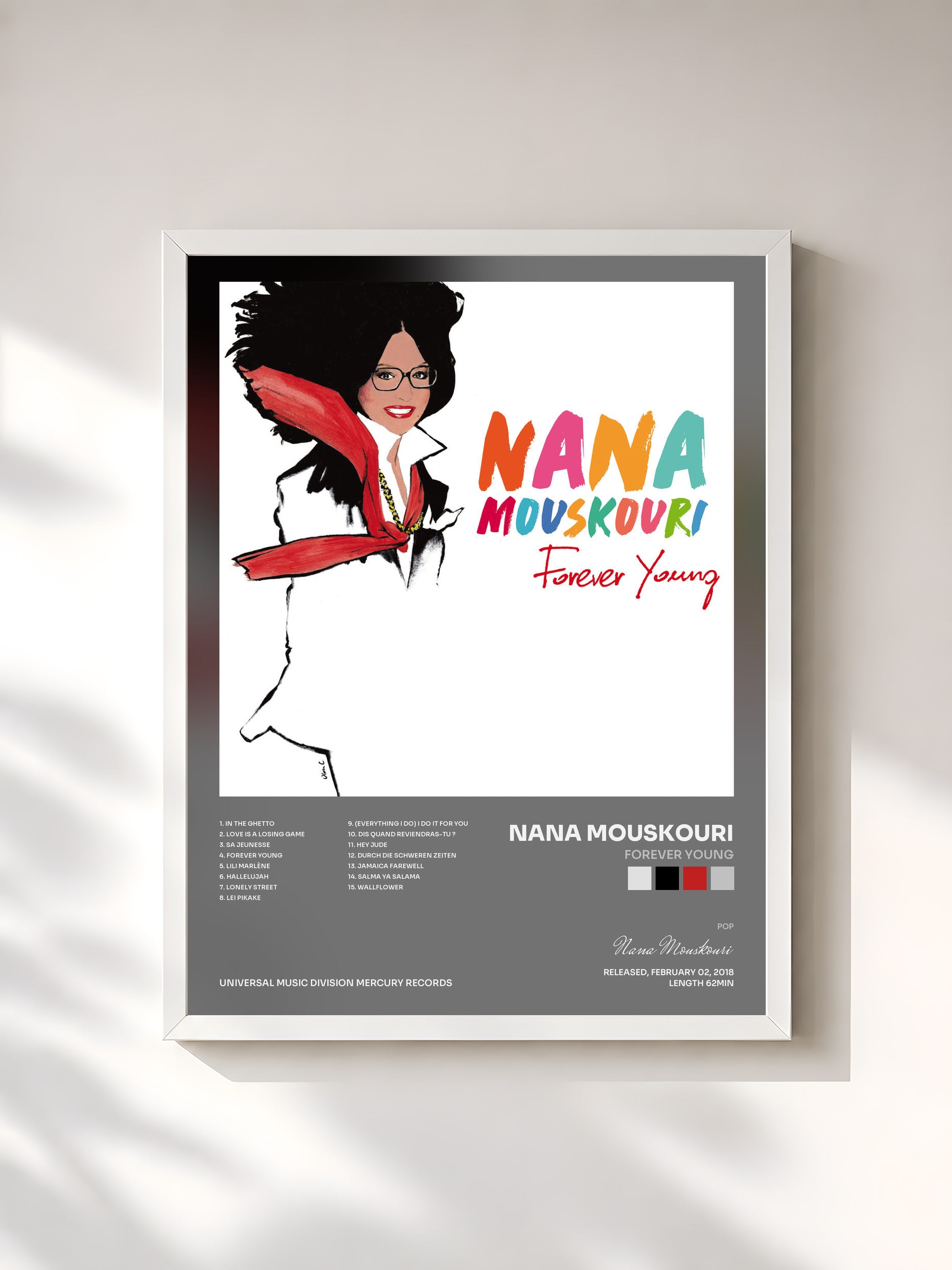 #blanc Tableau de l'album Forever Young de Nana Mouskouri, cadre blanc, imprimé et encadré en France