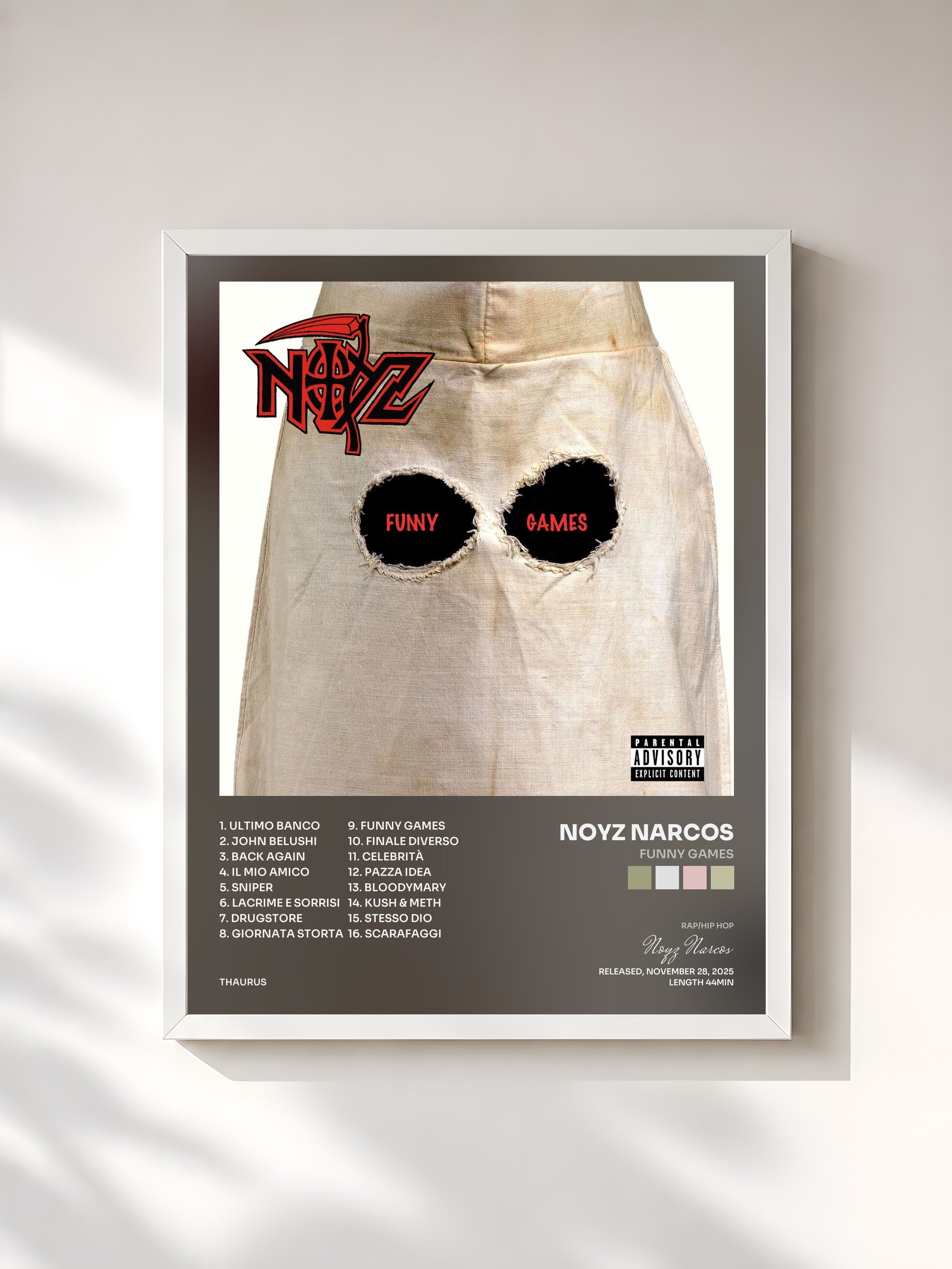 #blanc Tableau de l'album FUNNY GAMES de Noyz Narcos, cadre blanc, imprimé et encadré en France