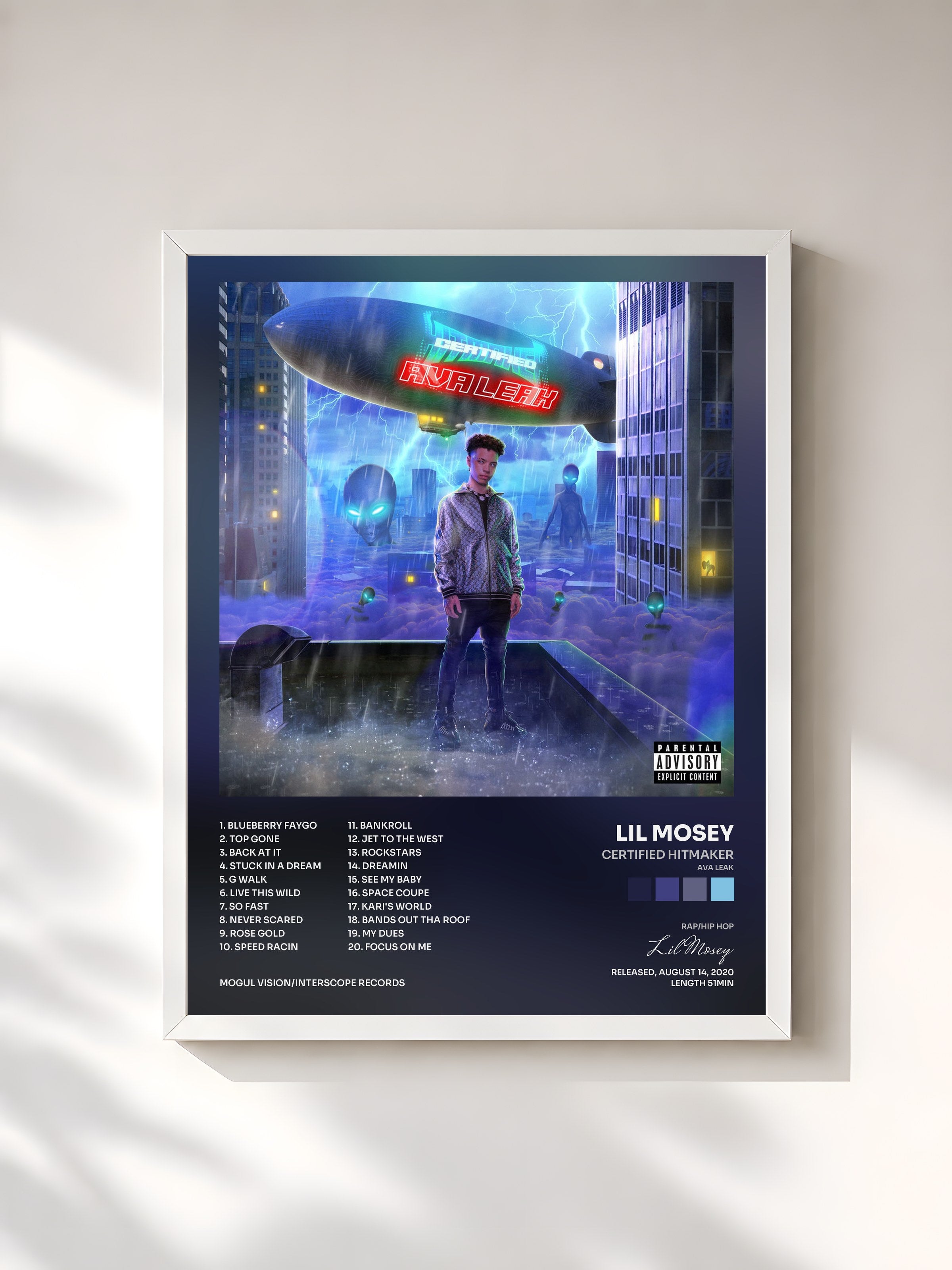 #blanc Tableau de l'album Certified Hitmaker (AVA Leak) de Lil Mosey, cadre blanc, imprimé et encadré en France