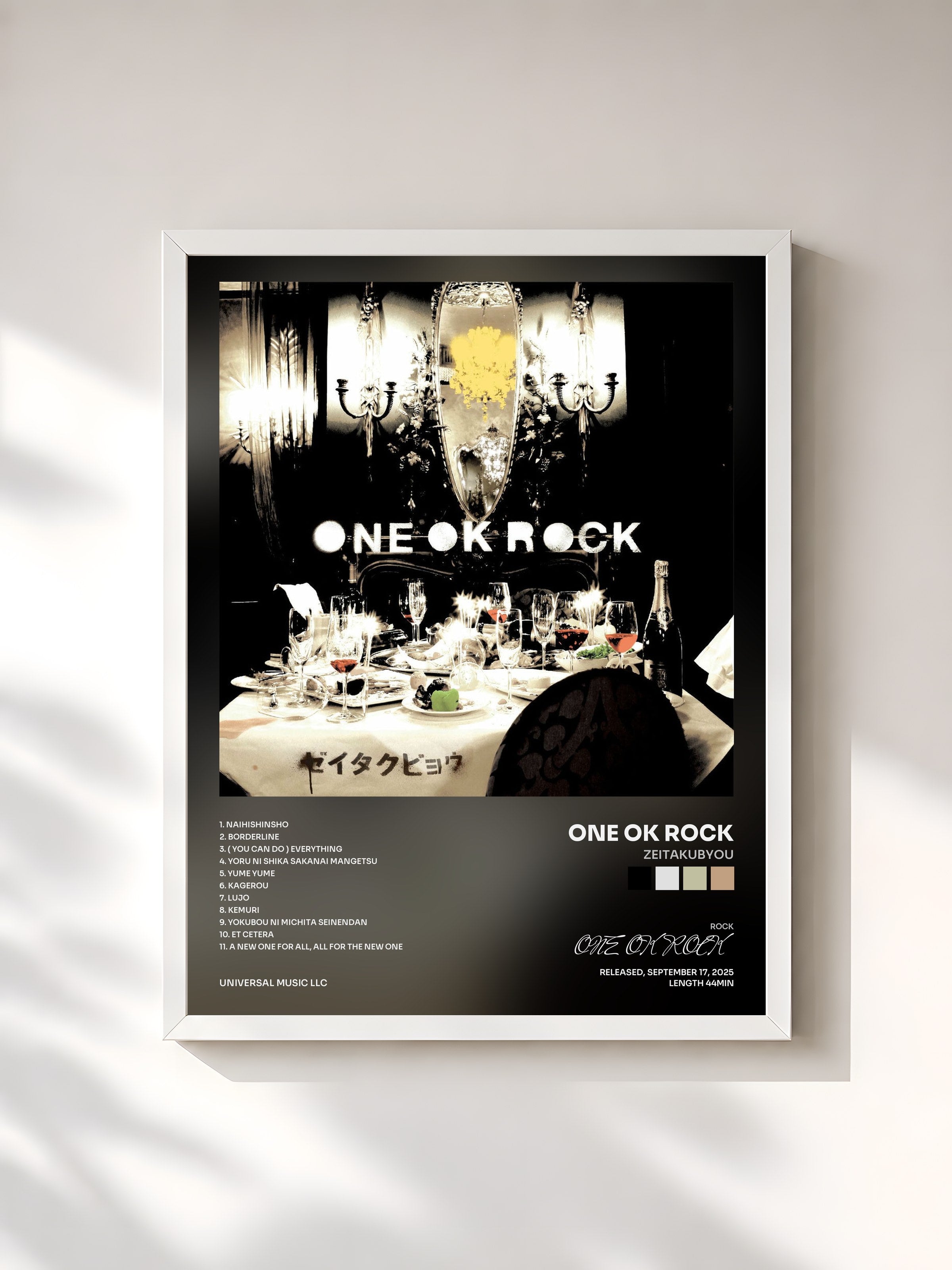 #blanc Tableau de l'album Zeitakubyou de ONE OK ROCK, cadre blanc, imprimé et encadré en France