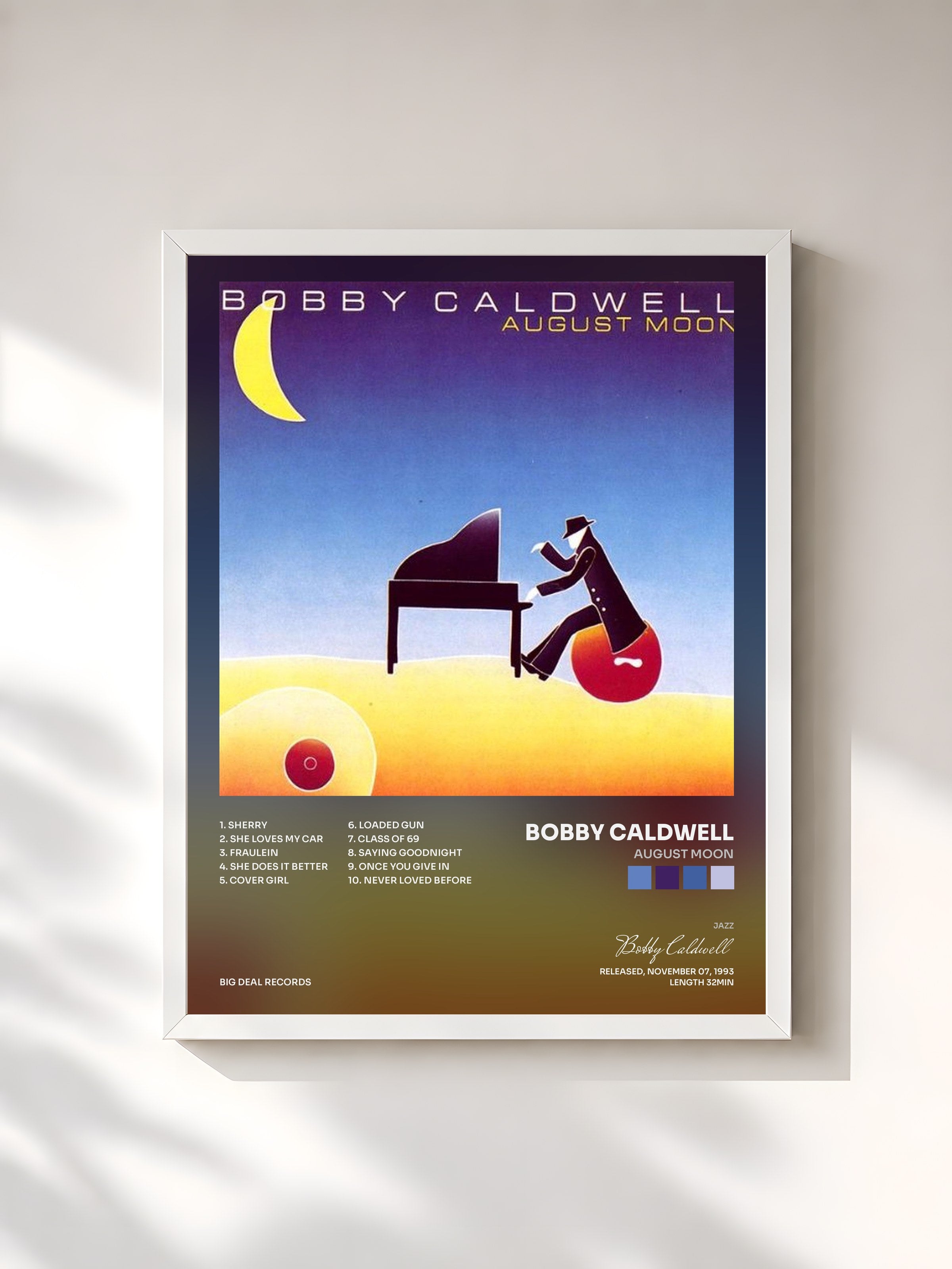 #blanc Tableau de l'album August Moon de Bobby Caldwell, cadre blanc, imprimé et encadré en France