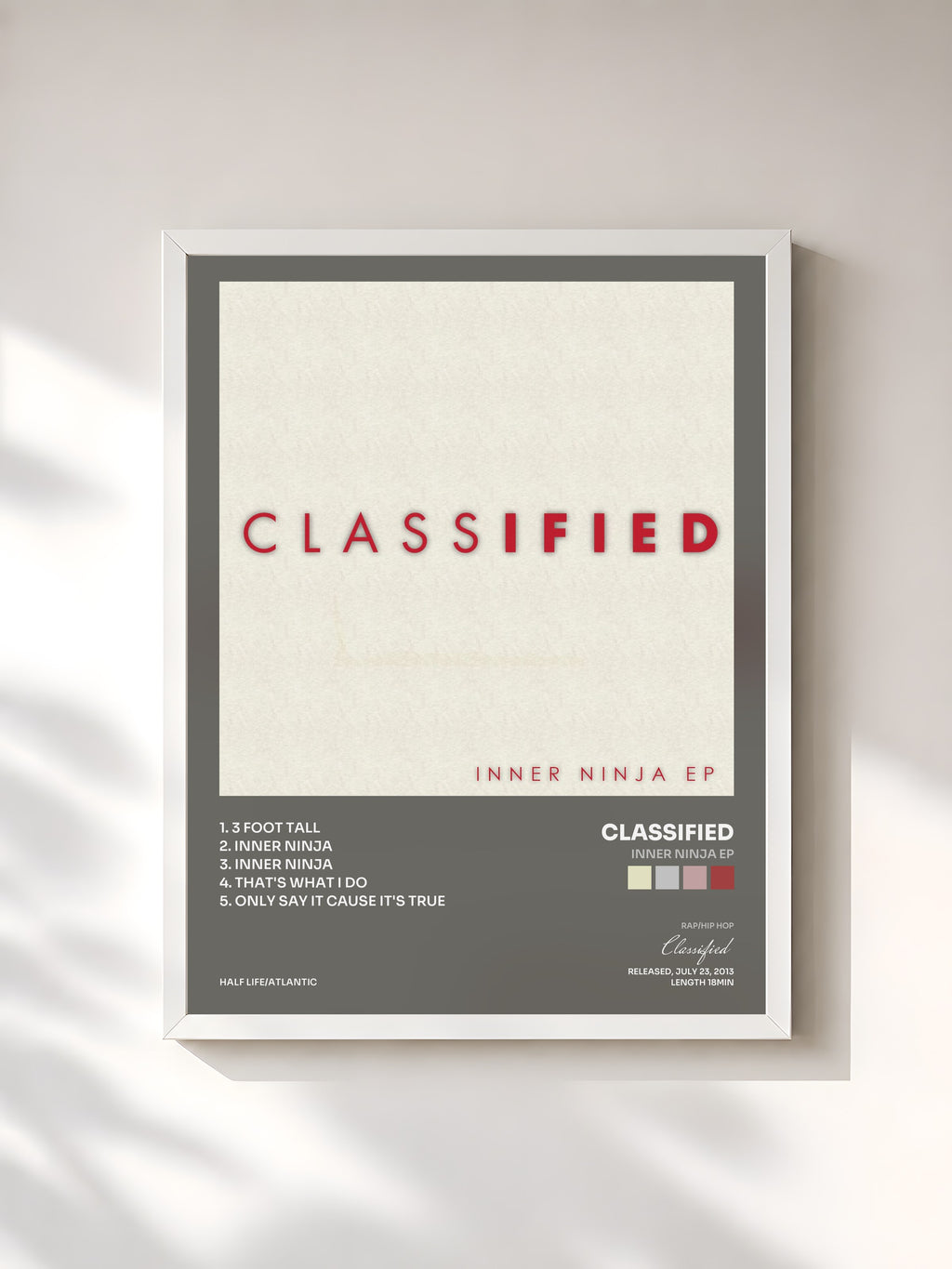 #blanc Tableau de l'album Inner Ninja EP de Classified, cadre blanc, imprimé et encadré en France