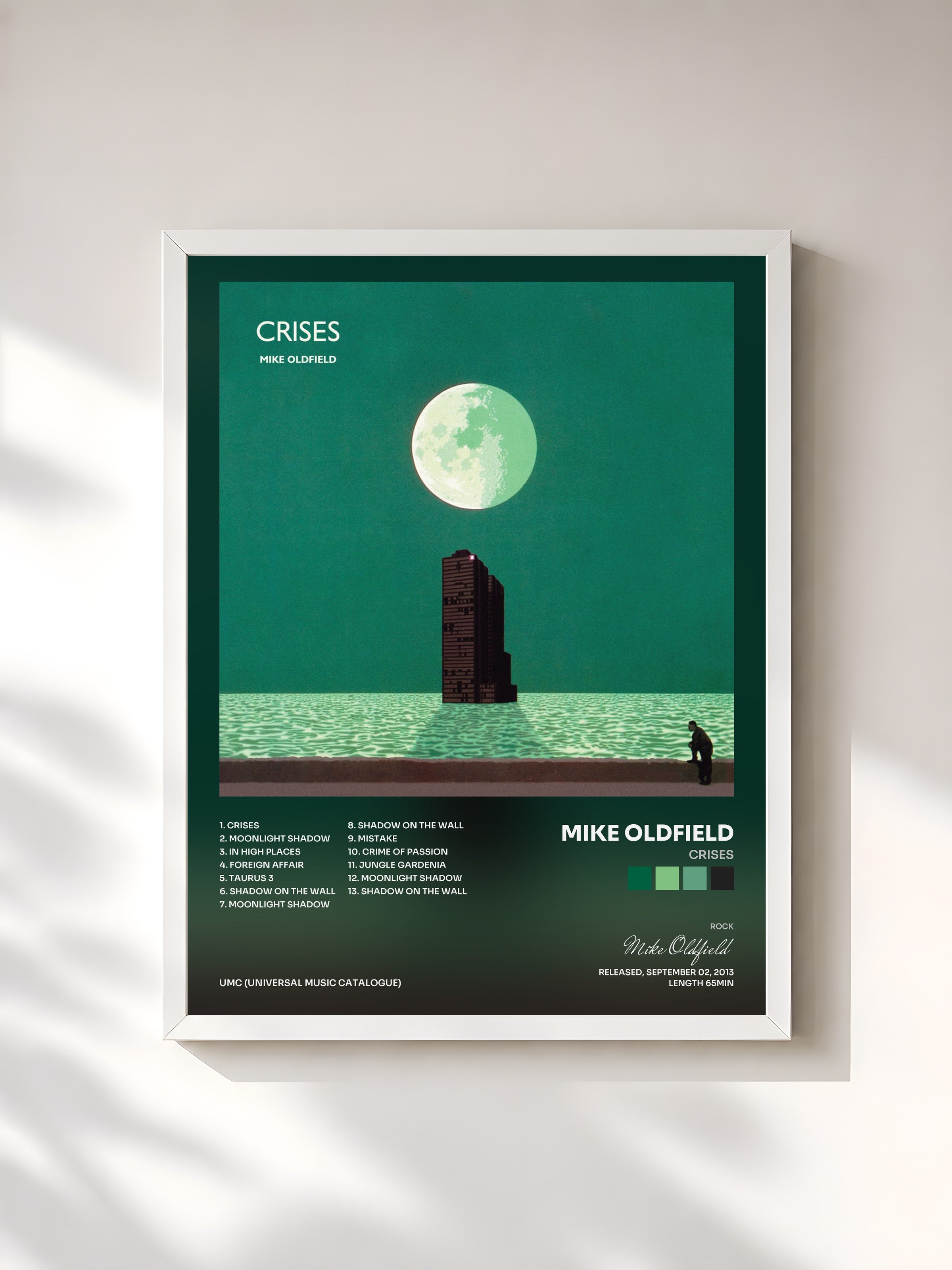 #blanc Tableau de l'album Crises de Mike Oldfield, cadre blanc, imprimé et encadré en France