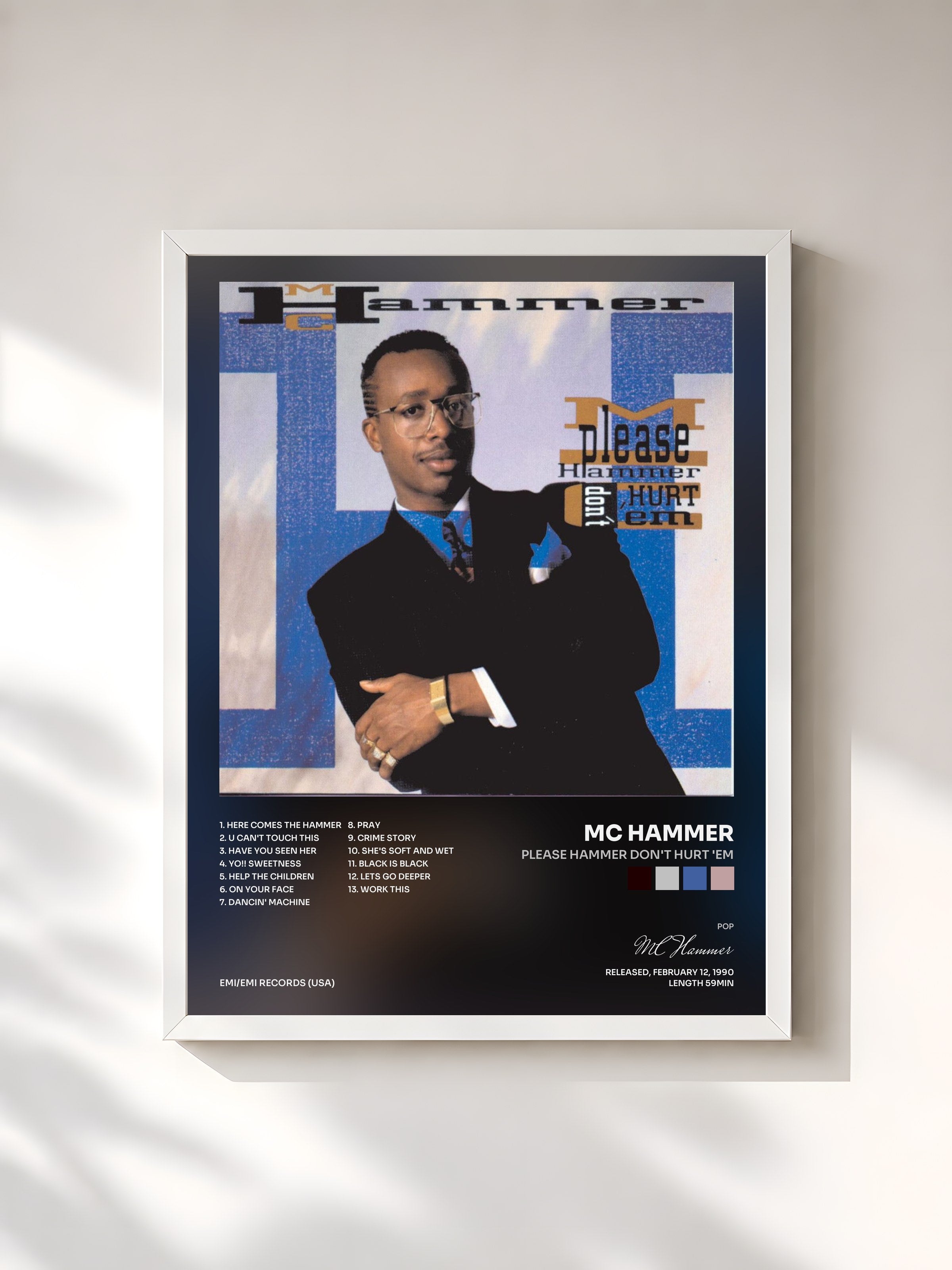 #blanc Tableau de l'album Please Hammer Don't Hurt 'Em de MC Hammer, cadre blanc, imprimé et encadré en France