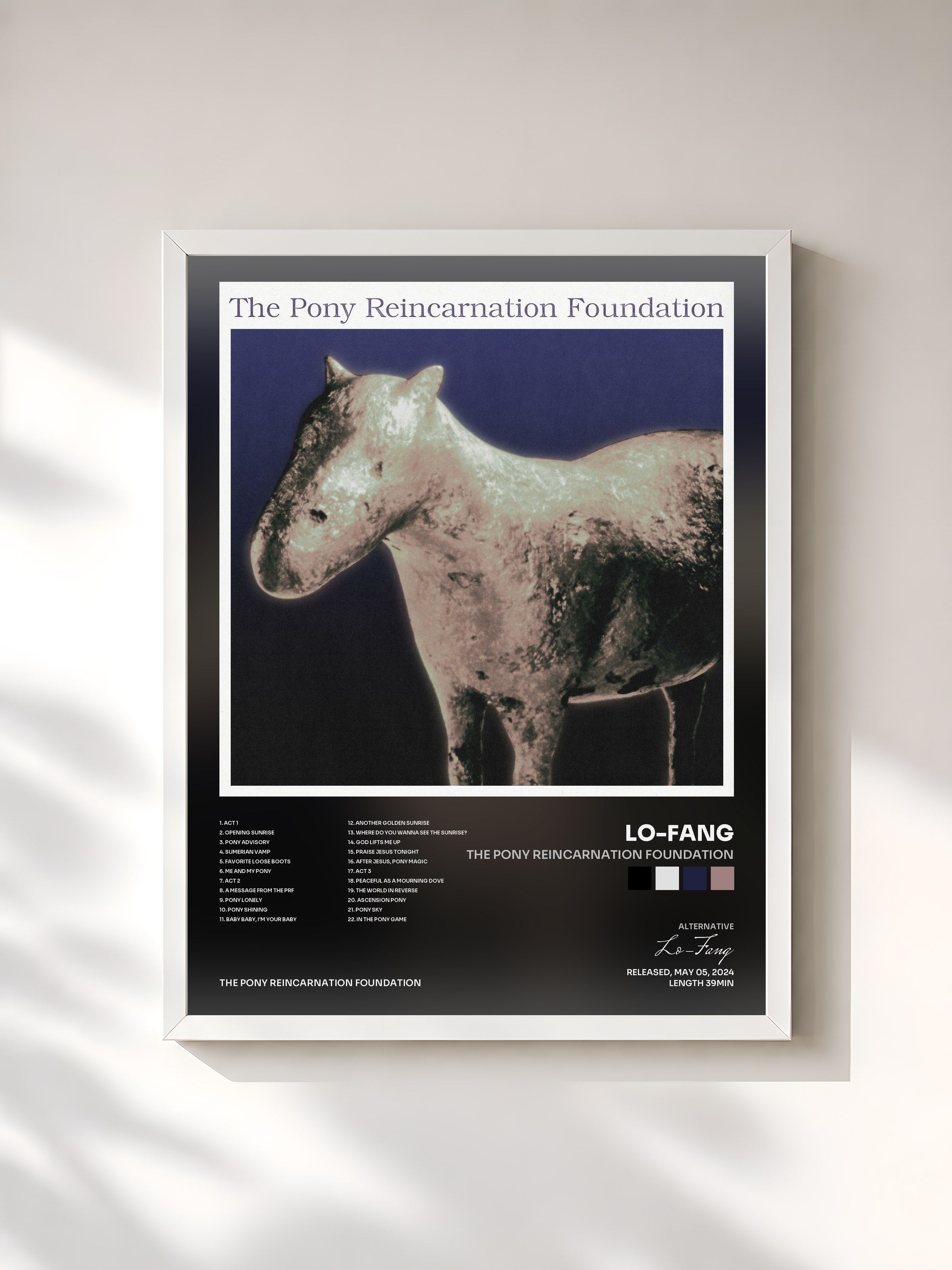#blanc Tableau de l'album The Pony Reincarnation Foundation de Lo-Fang, cadre blanc, imprimé et encadré en France