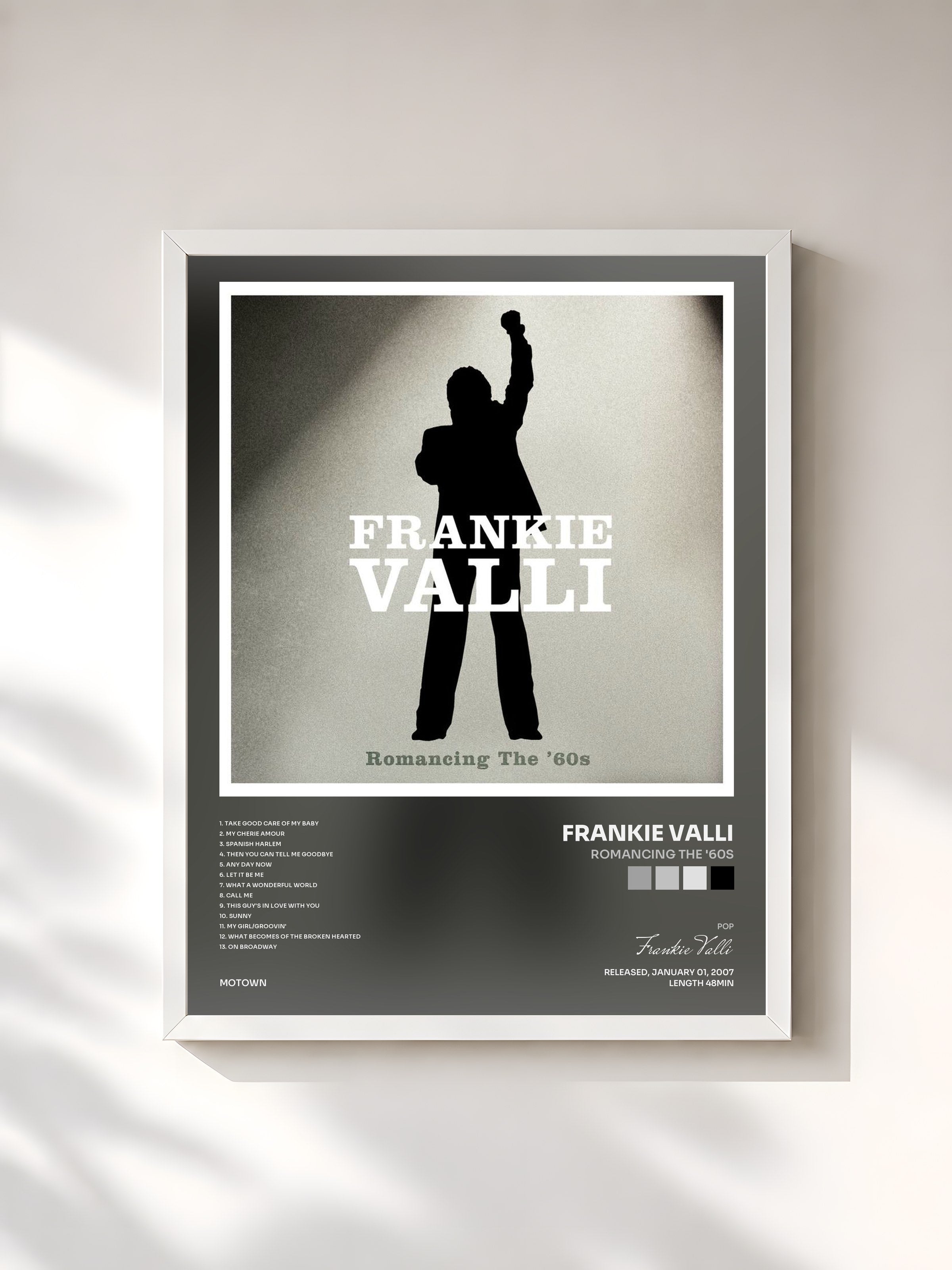 #blanc Tableau de l'album Romancing The '60s de Frankie Valli, cadre blanc, imprimé et encadré en France