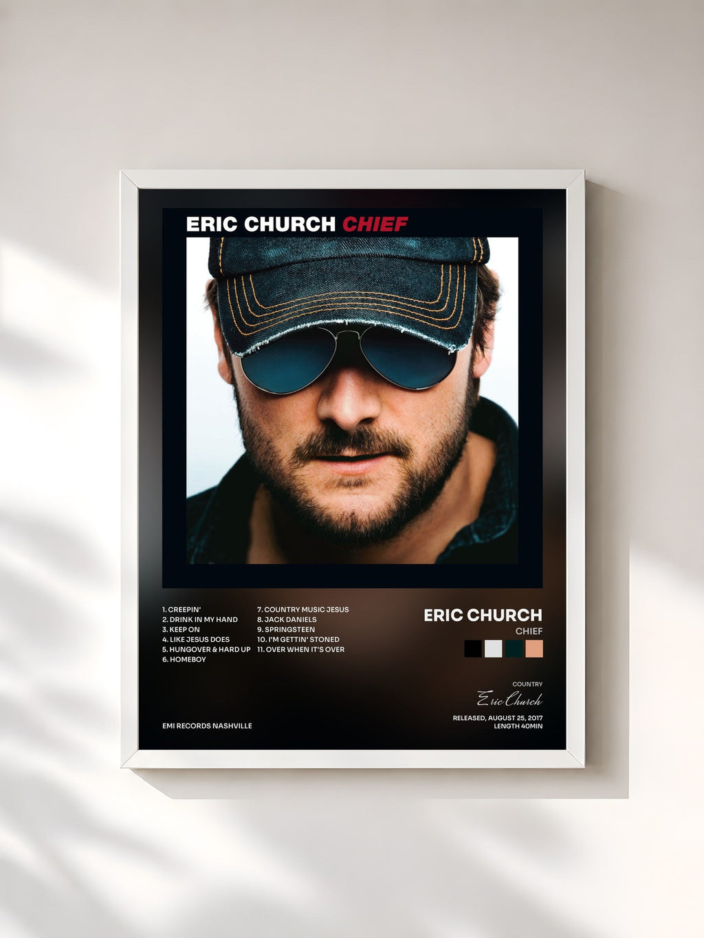 #blanc Tableau de l'album Chief de Eric Church, cadre blanc, imprimé et encadré en France